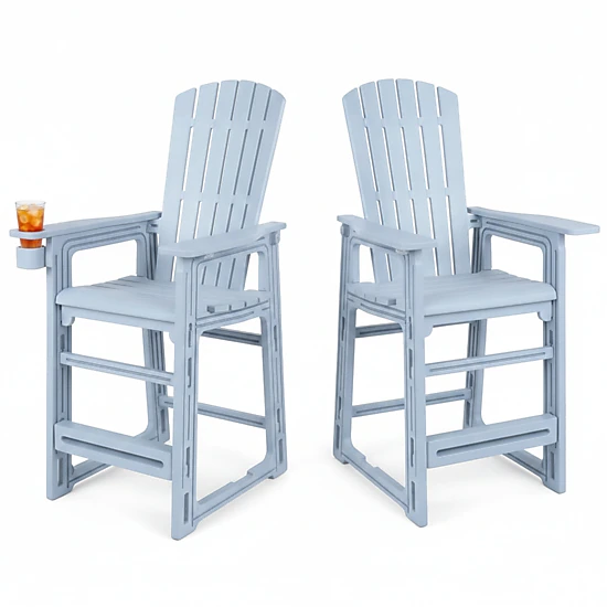 SUGIFT All-Weather HDPE Outdoor Bar Stool Set of 2 Backrest Armrests & Cup Holder 440-lb Capacity 29-in Seat Height Gray