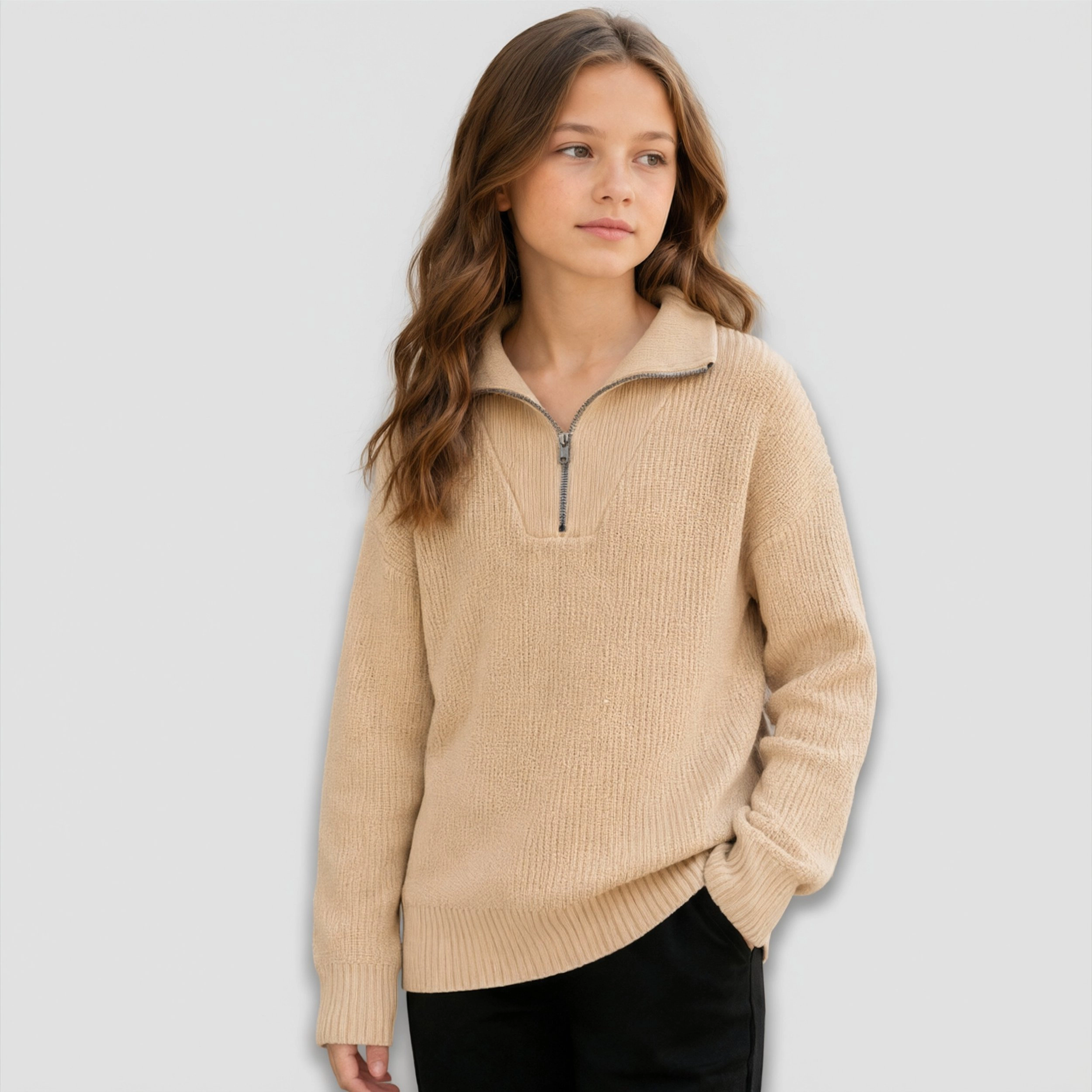 Arshiner Girls Quarter Zip Pullover Sweater Collared Long Sleeve Knit Casual Loose Fit Top