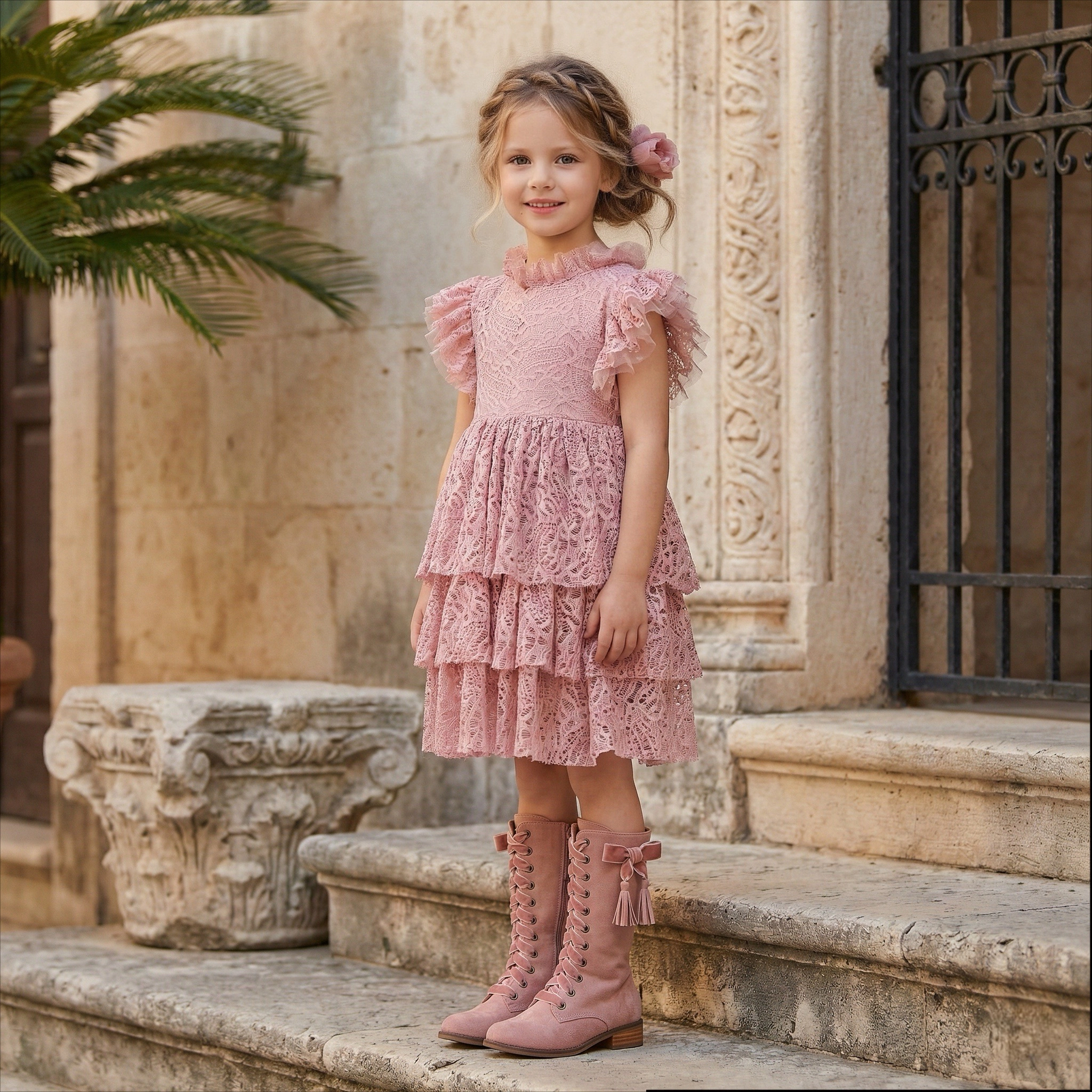 2Bunnies Girls' 12M-8Y Iris Lace Tiered Knee-Length Boho Flower Girl Dress