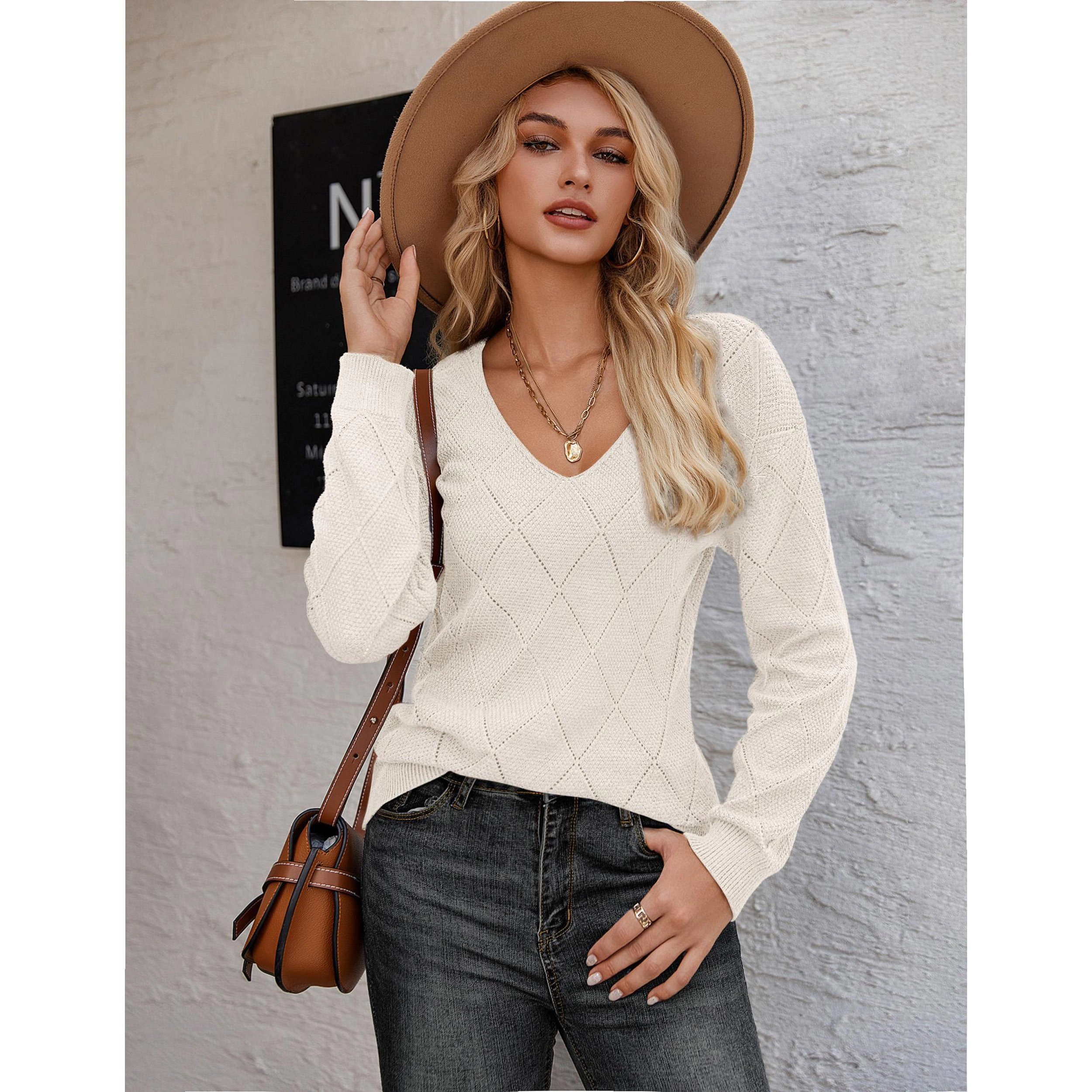 Zeagoo Women's Long Sleeve V-Neck Knit Crochet Pullover
