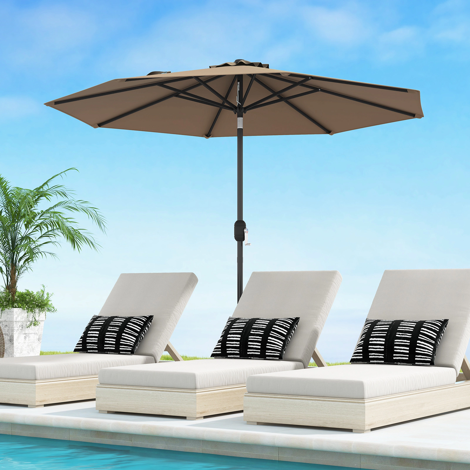 SUGIFT 9 ft Outdoor Market Patio Table Umbrella with Push Button Tilt & Crank Lift 12-lb Net Weight 8-Rib Iron Frame Tan