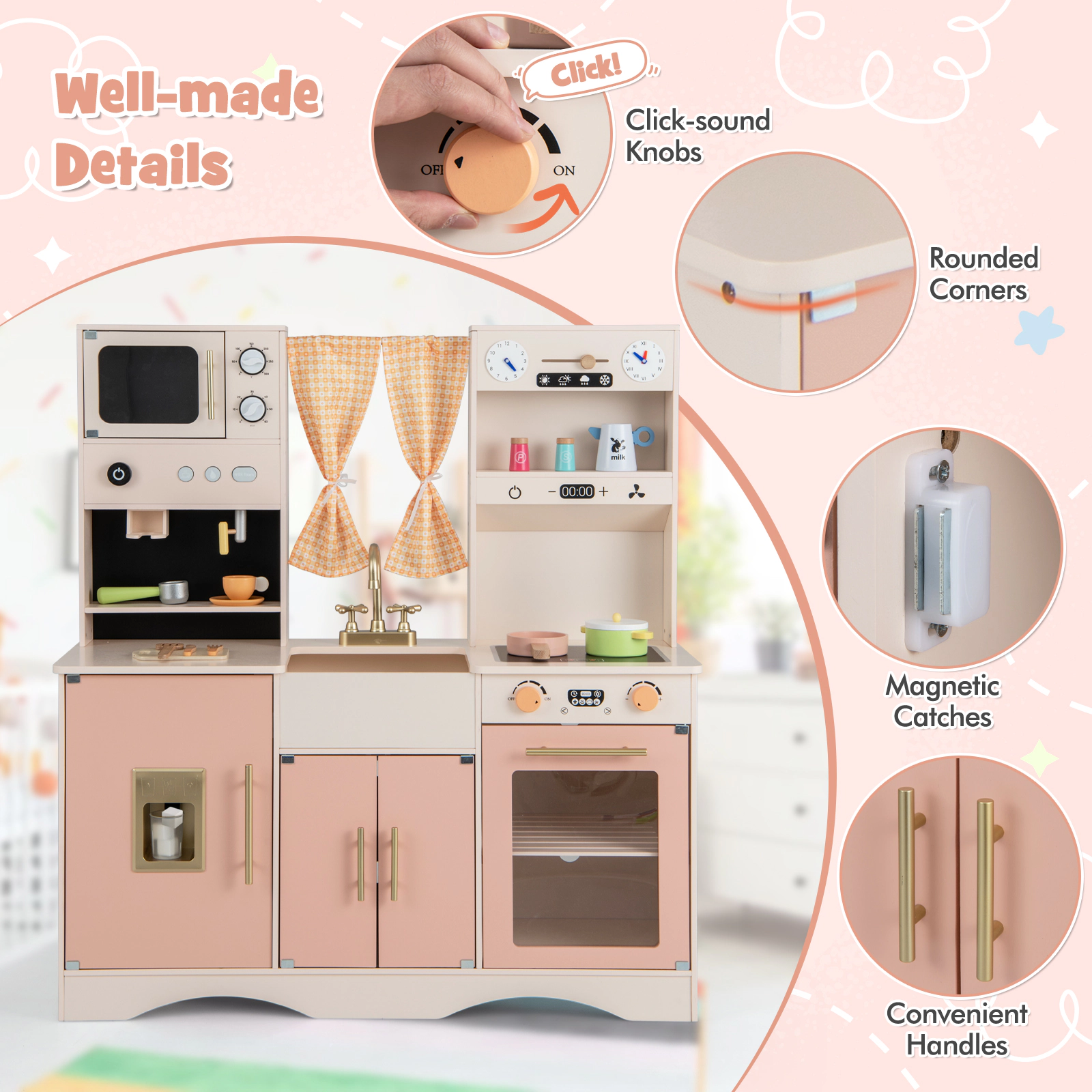 SUGIFT Kids Kitchen Playset with Microwave, Coffee Maker, Ice Maker and Oven Ages 3+ 36-in Tall Pink/White