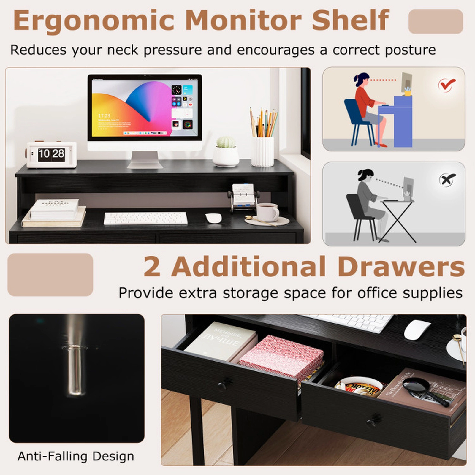 SUGIFT Black 2 Drawers Monitor Shelf and Rolling Desktop Extendable Computer Desk