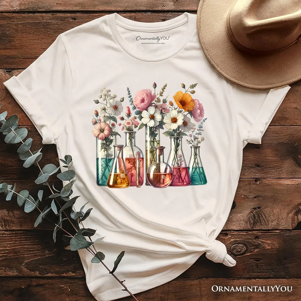 OrnamentallyYou Womens Floral Science Lab Beakers T-Shirt