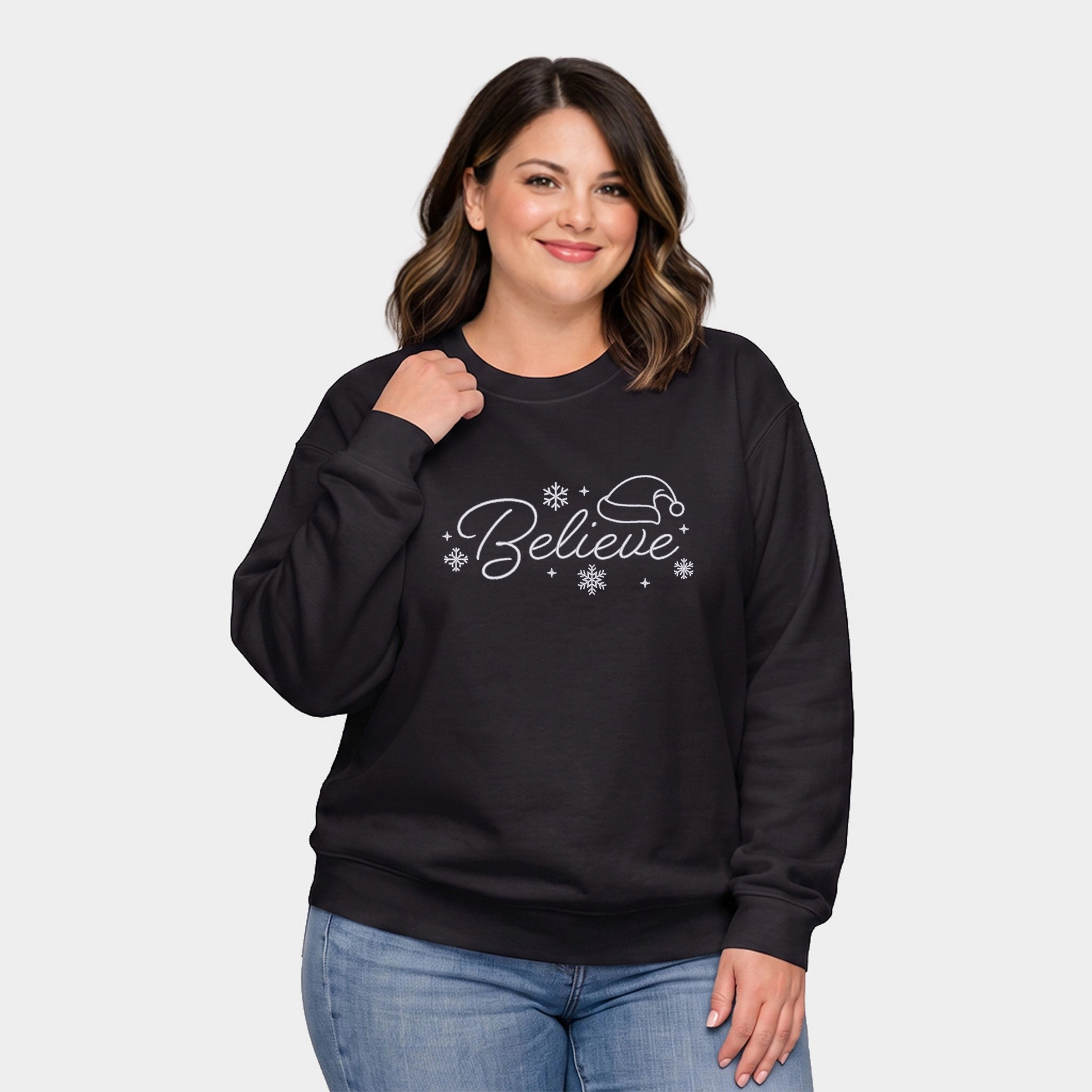 Simply Sage Market - Women's Plus Sized Graphic Sweatshirt Embroidered Believe Snowflake