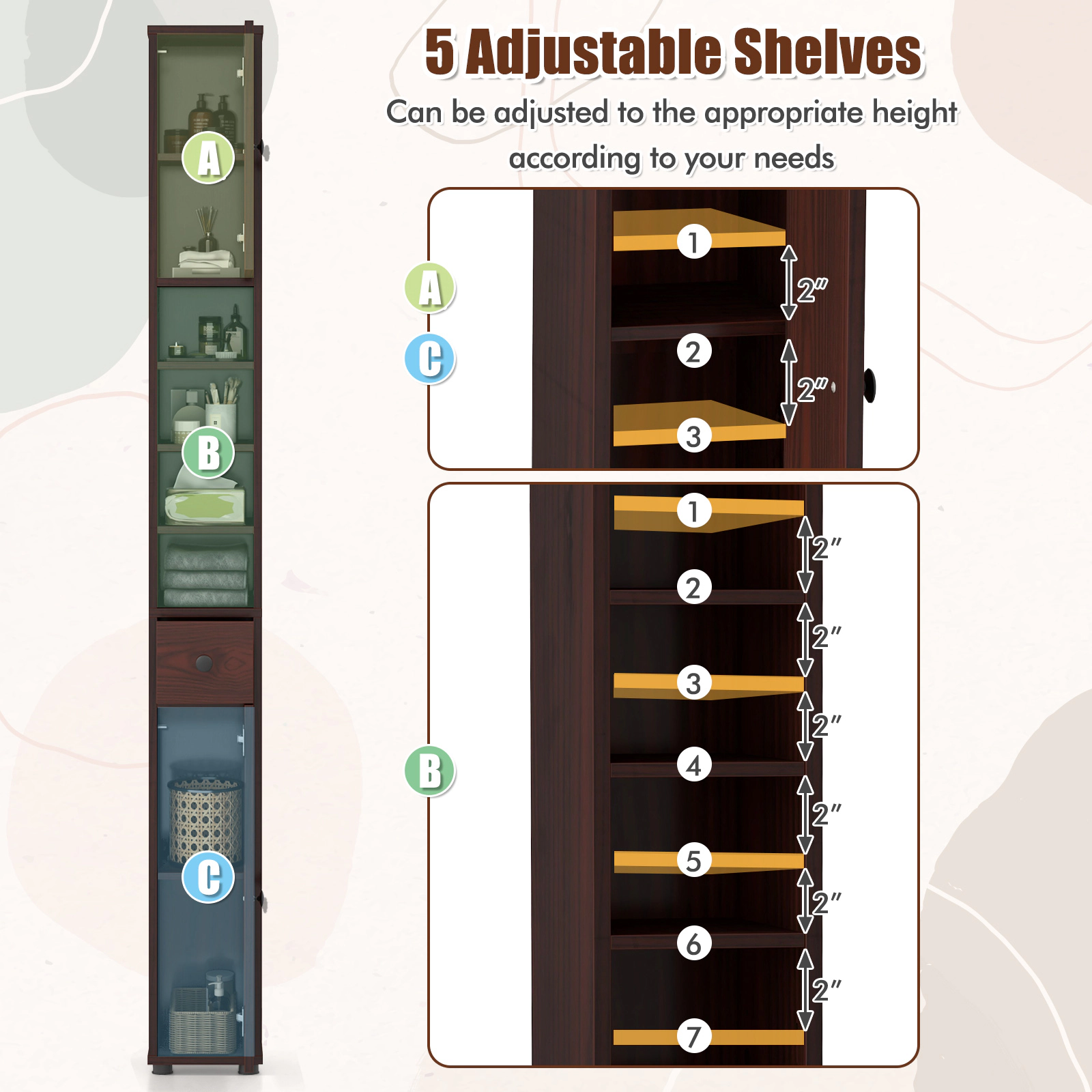 SUGIFT Brown 110-lb Capacity 8-in Slim Freestanding Bathroom Storage Cabinet with Drawer and 5 Adjustable Shelves