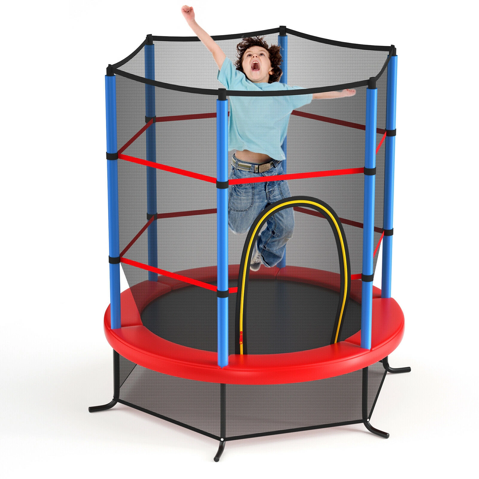 SUGIFT Kids Recreational Trampoline with Enclosure Net 300-lb Capacity Navy Jump Pad with Zippered Door & L-Shaped Legs
