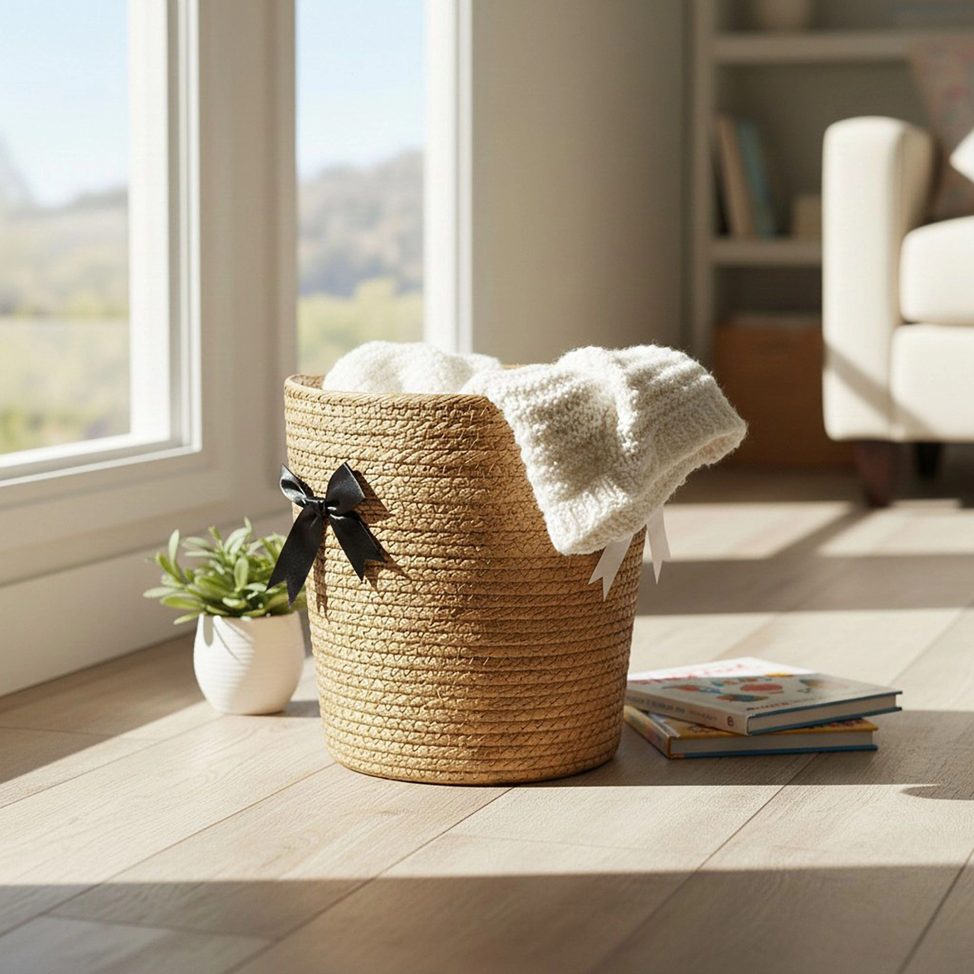 Alilang Unisex Woven Round Storage Basket Decorative Rope Organizer with Bow Accent and Open Top Design