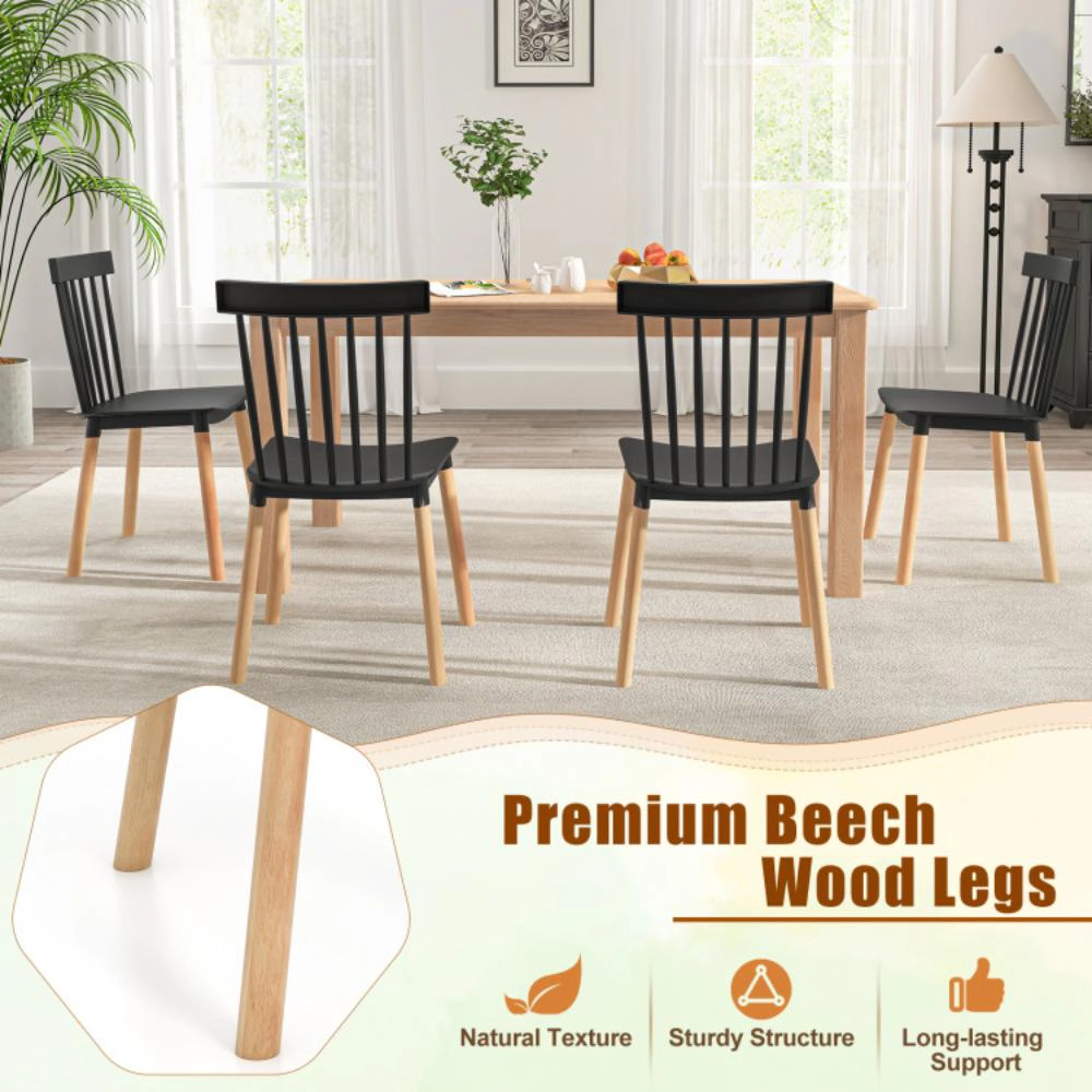 Hivvago Set of 4 Windsor Dining Chairs with Spindle Backs and Curved Seats-Black