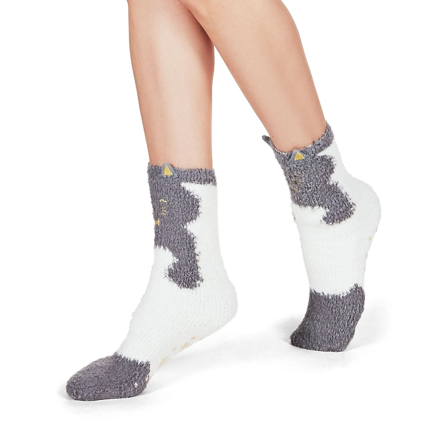 MeMoi Cute Cat Critter Plush Non-Skid Crew Socks