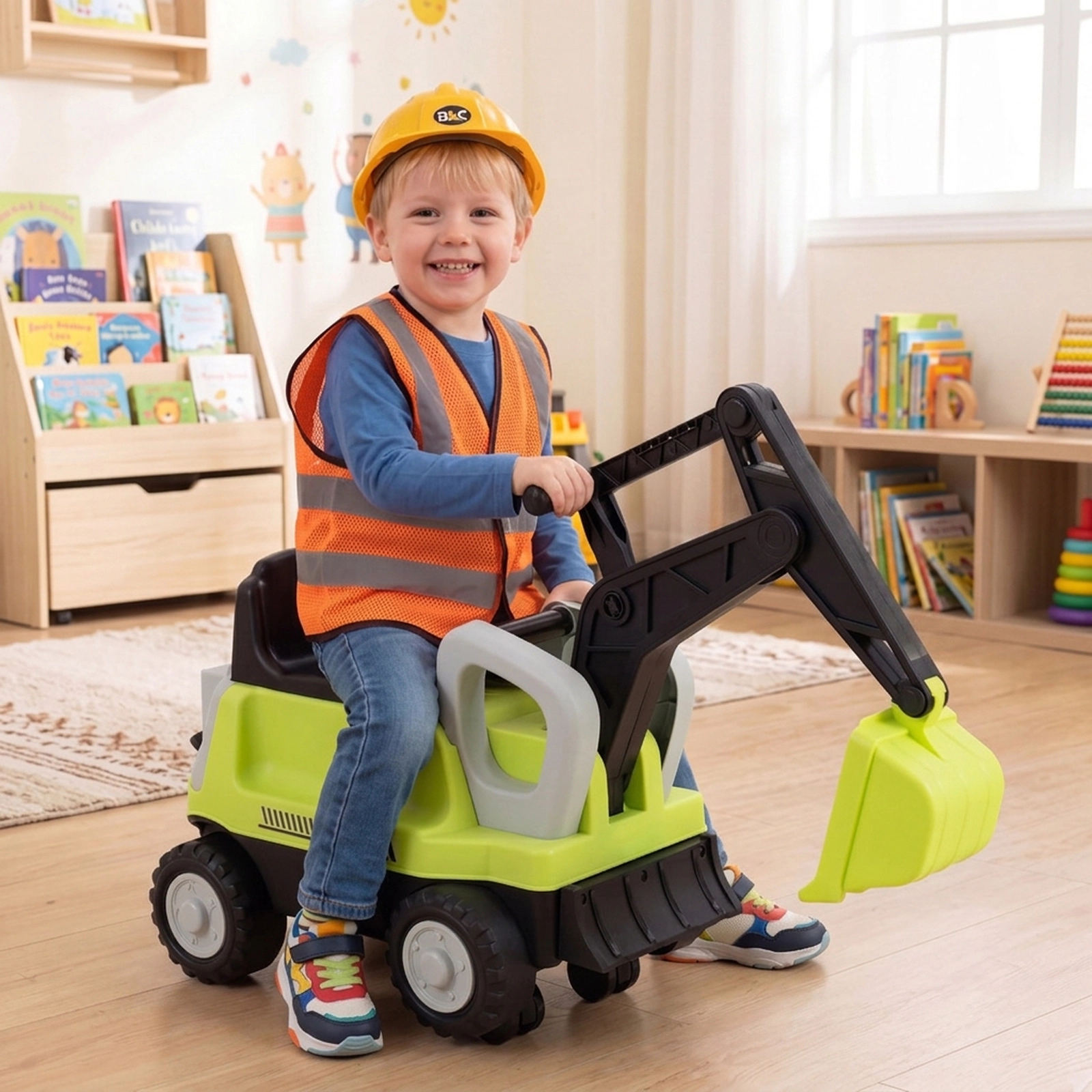 SUGIFT 2-in-1 Kids Ride-On Tractor with Digging Arm and Detachable Trailer 55-lb Capacity Ages 3+ Green/Yellow