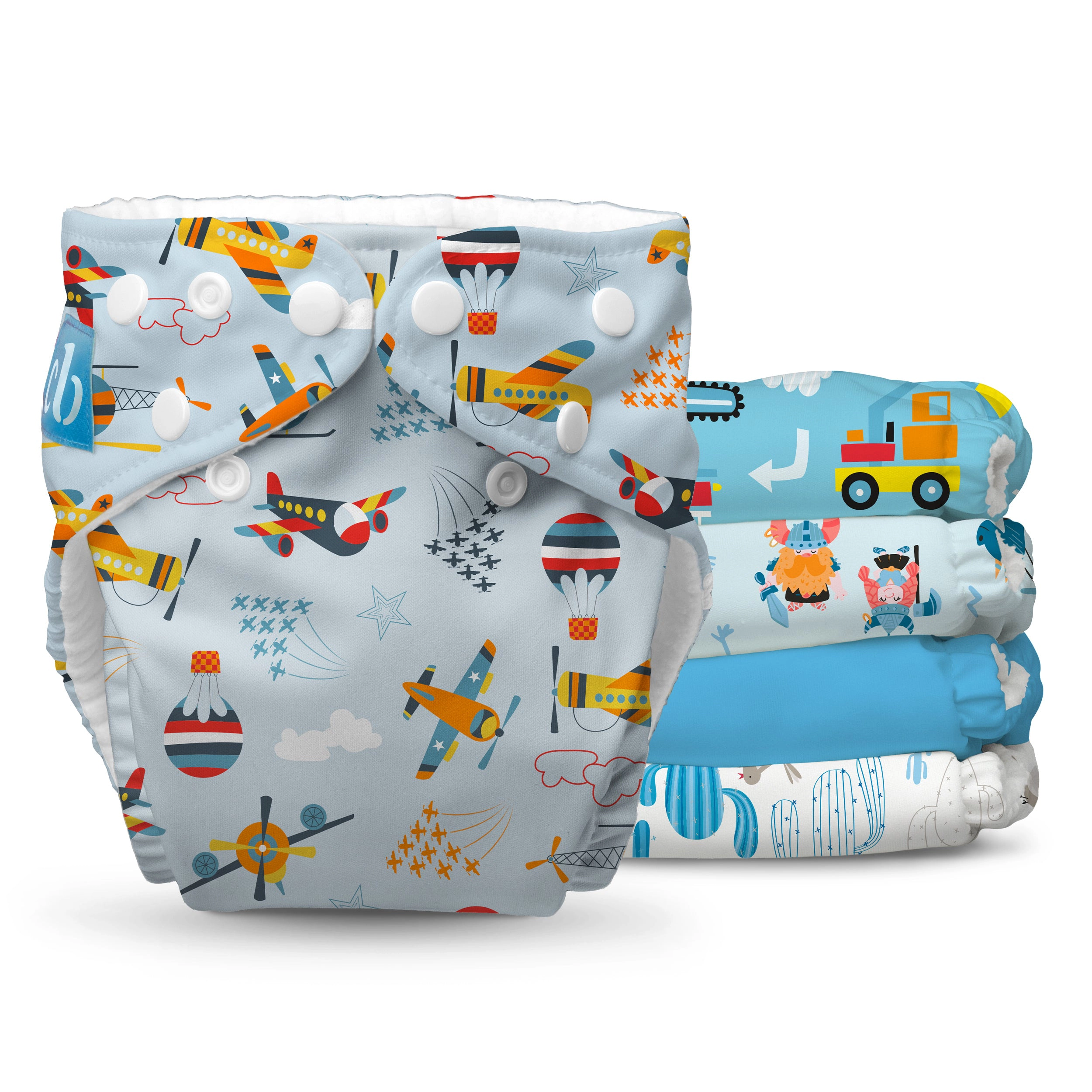 Charlie Banana One-Size Reusable Cloth Diaper Pack, Fleece Lined (5 Diapers + 5 Inserts) - Marvelous Adventure