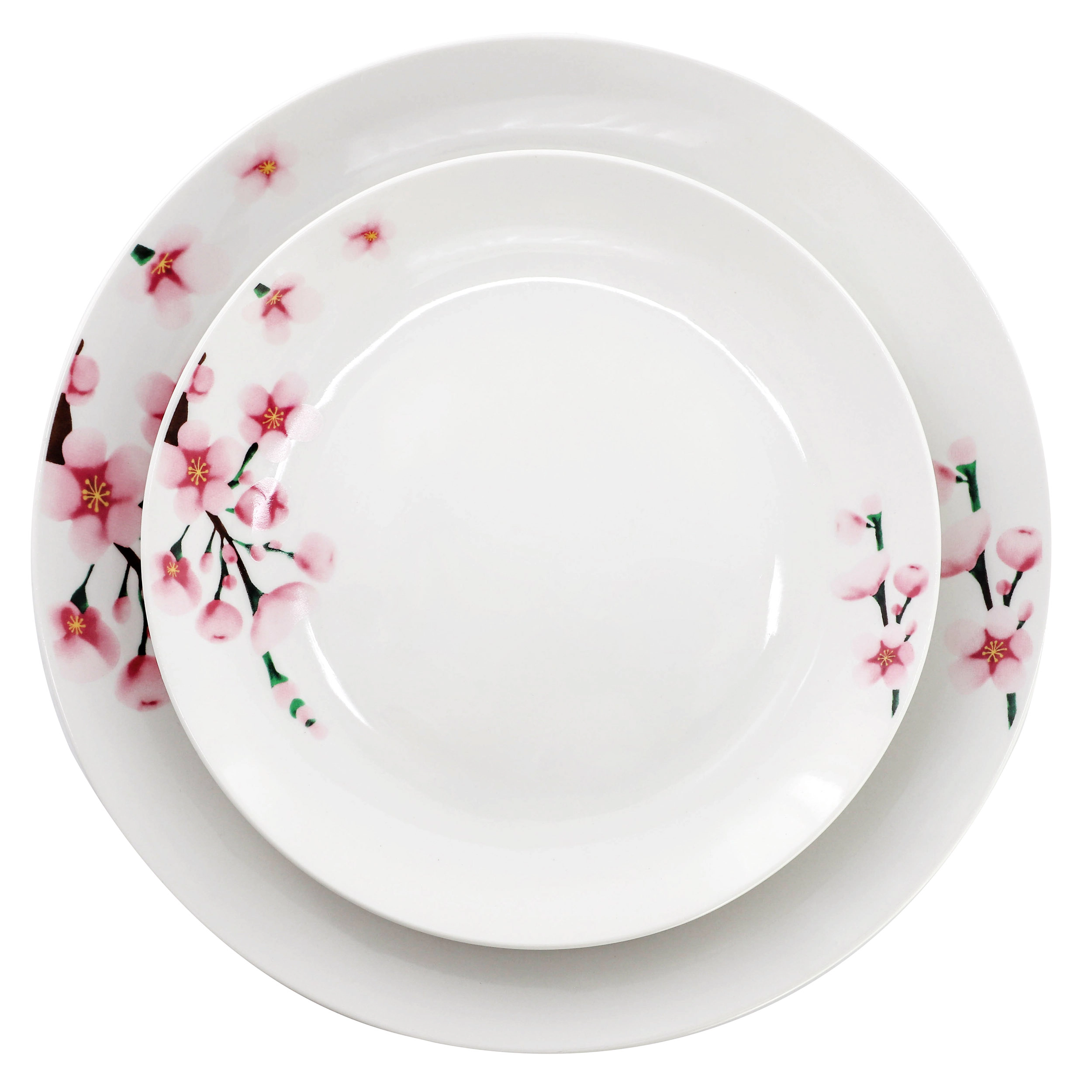 Elama Tamara 24 Piece Cherry Blossom Porcelain Double Bowl Dinnerware Set, Service for 6 in White and Pink
