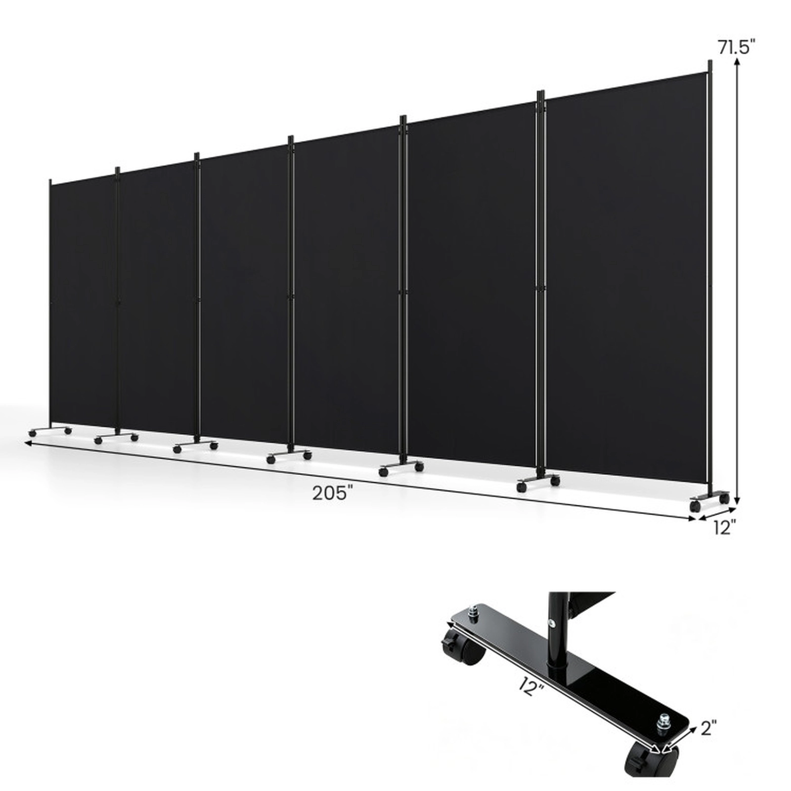 SUGIFT 6-Panel Folding Privacy Screen Room Divider with Wheels 71.5-in Tall 205-in Wide Polyester Fabric Black Coffee