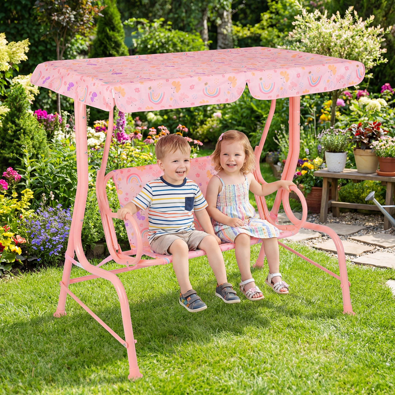 SUGIFT Pink 2-Seat Kids Swing Chair, Triangle Metal Frame, Backrest and Rotating Canopy