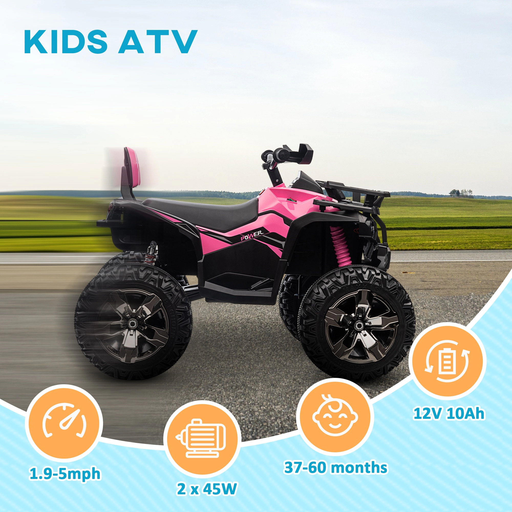 HONGGE Kids ATV 4-Wheeler Ride-On Quad with LED Headlights, Music Player and Pedal Drive for Ages 3-5, Pink