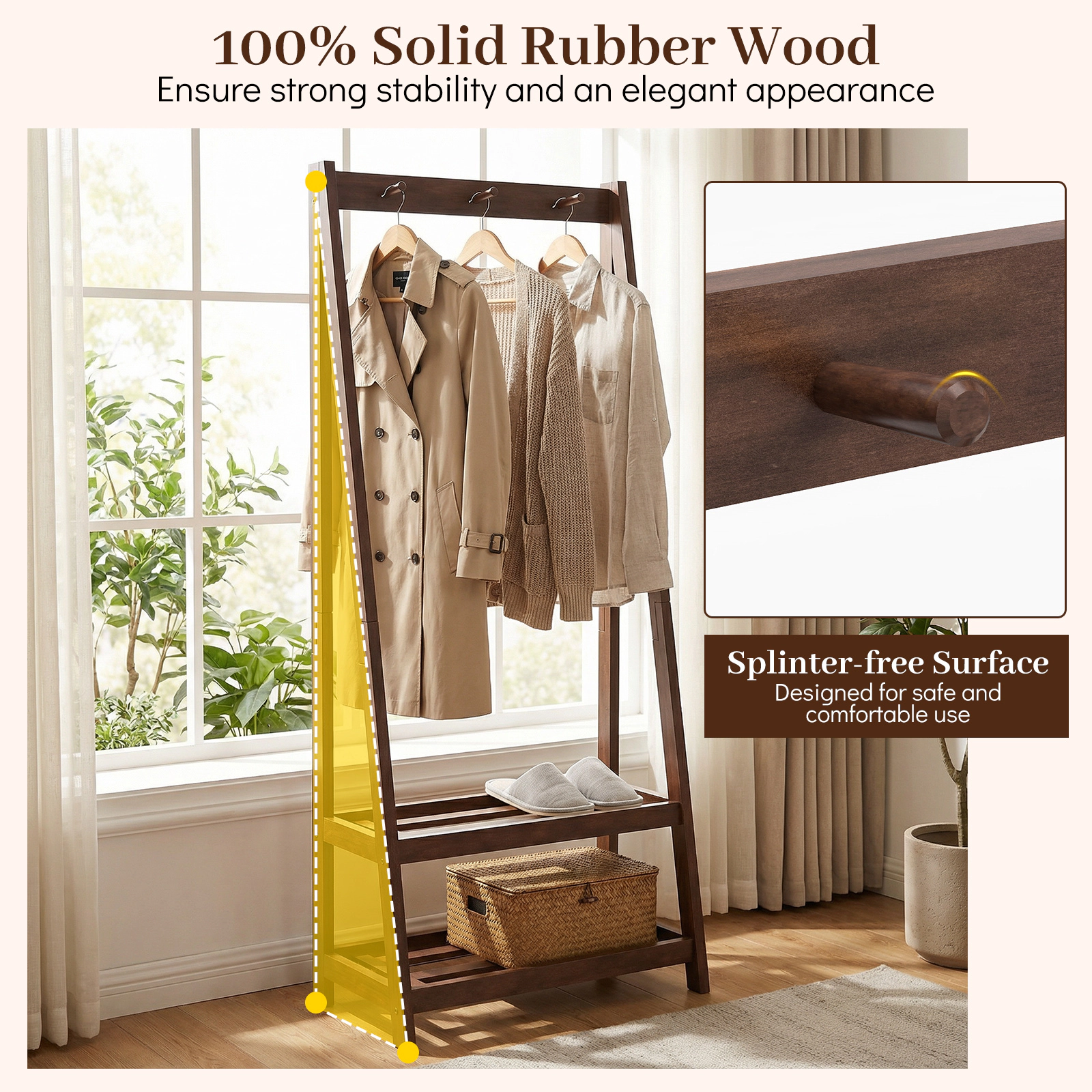 Glintex Solid Rubber Wood Coat Rack with A-Shaped Frame and 2 Storage Shelves, Walnut