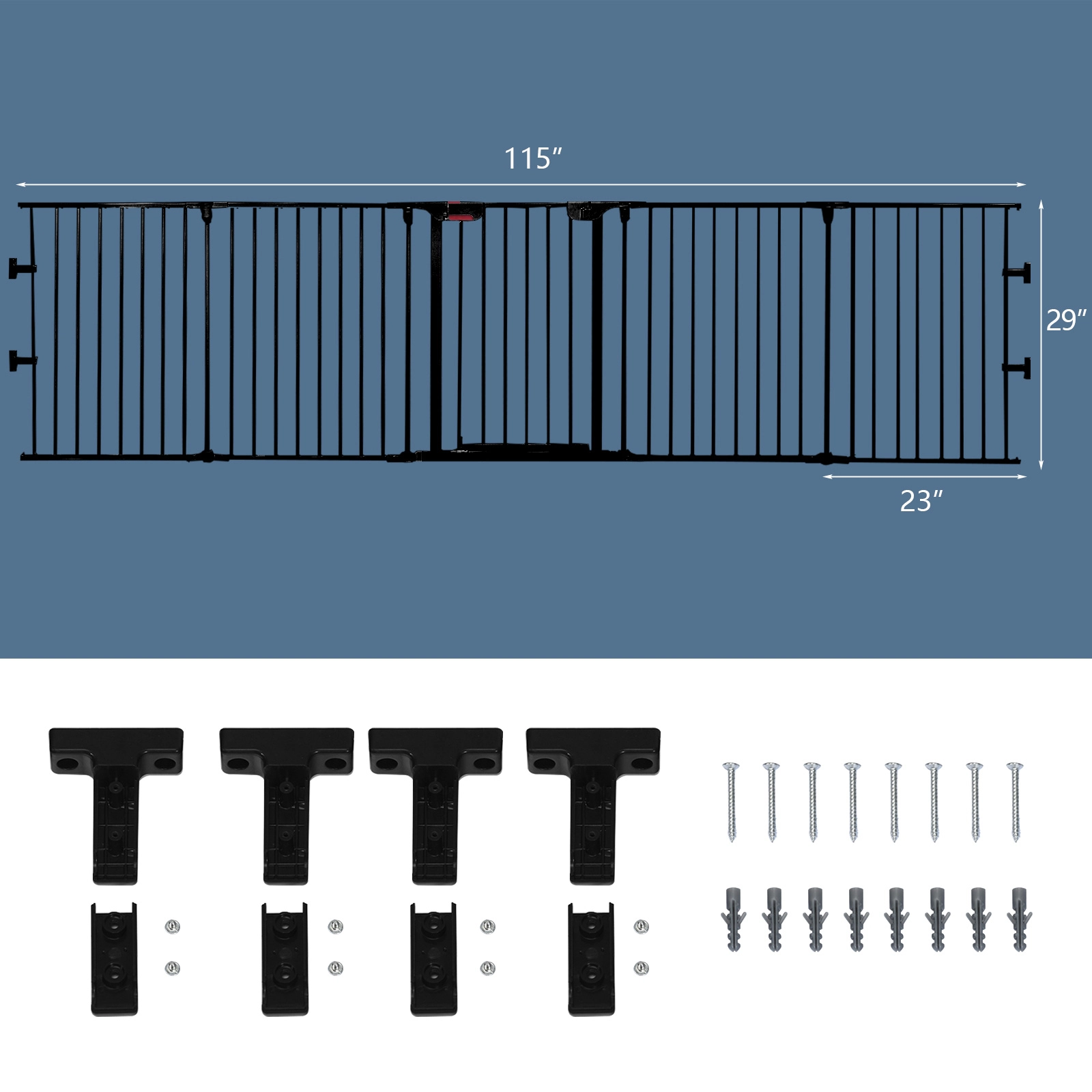 SUGIFT 115-in Length 5-Panel Adjustable Steel Fireplace Fence and Safety Gate 29-in Tall for Babies or Pets Black