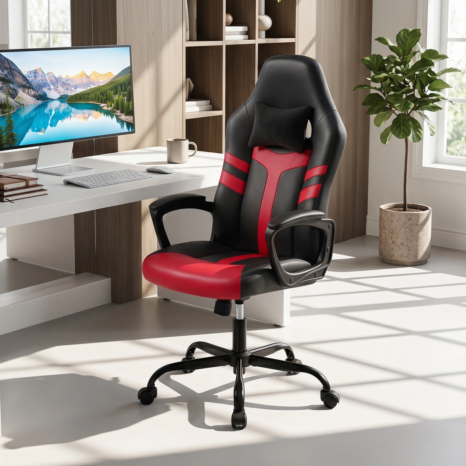 SUGIFT Red Faux Leather Rocking Office Chair with Removable Head Pillow