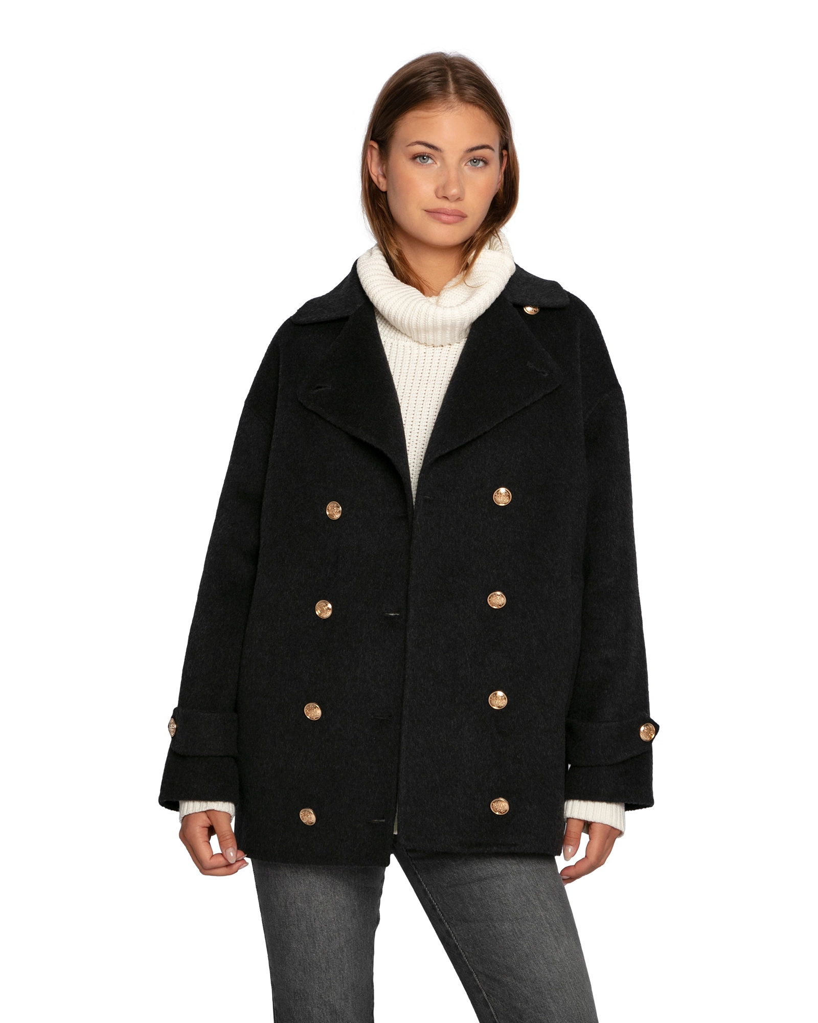 Belle & Bloom Right and Forward Double Breasted Wool Blend Pea Coat
