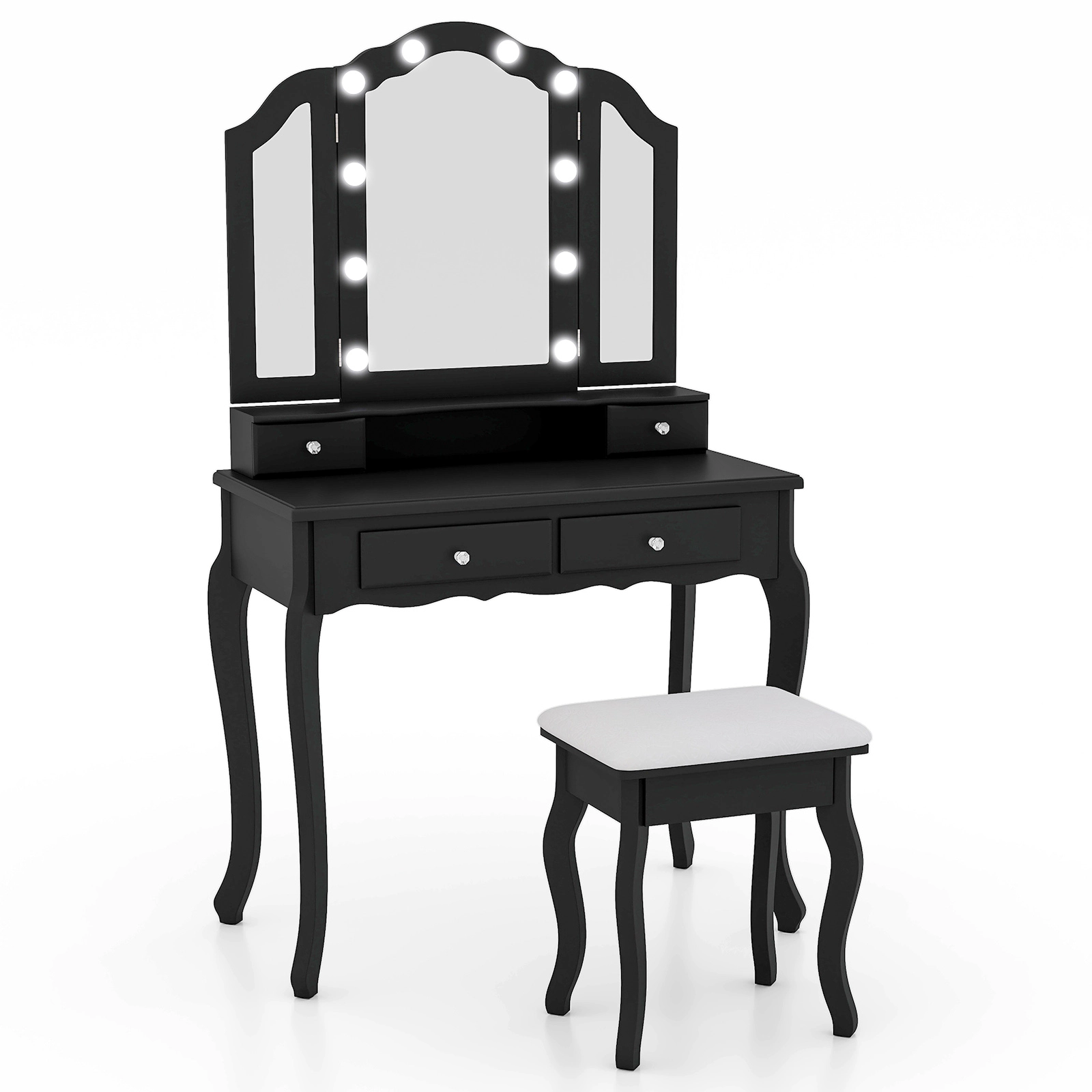 SUGIFT Lighted Tri-Folding Mirror Makeup Vanity Table Set with Drawers & Cushioned Stool 200-lb Tabletop Capacity 330-lb