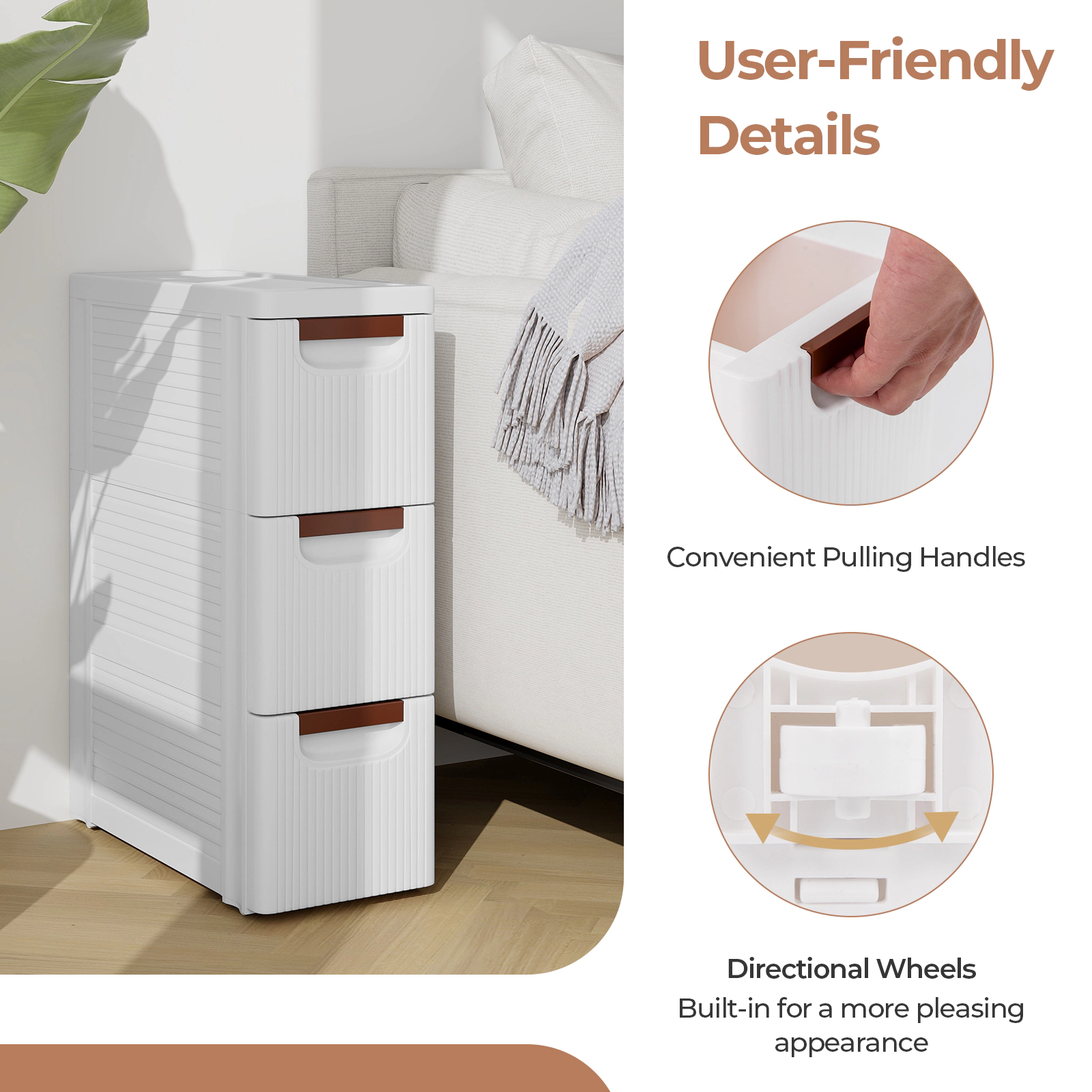 SUGIFT 3-Drawer Rolling Storage Cabinet White Narrow Organizer Unit with Built-In Wheels