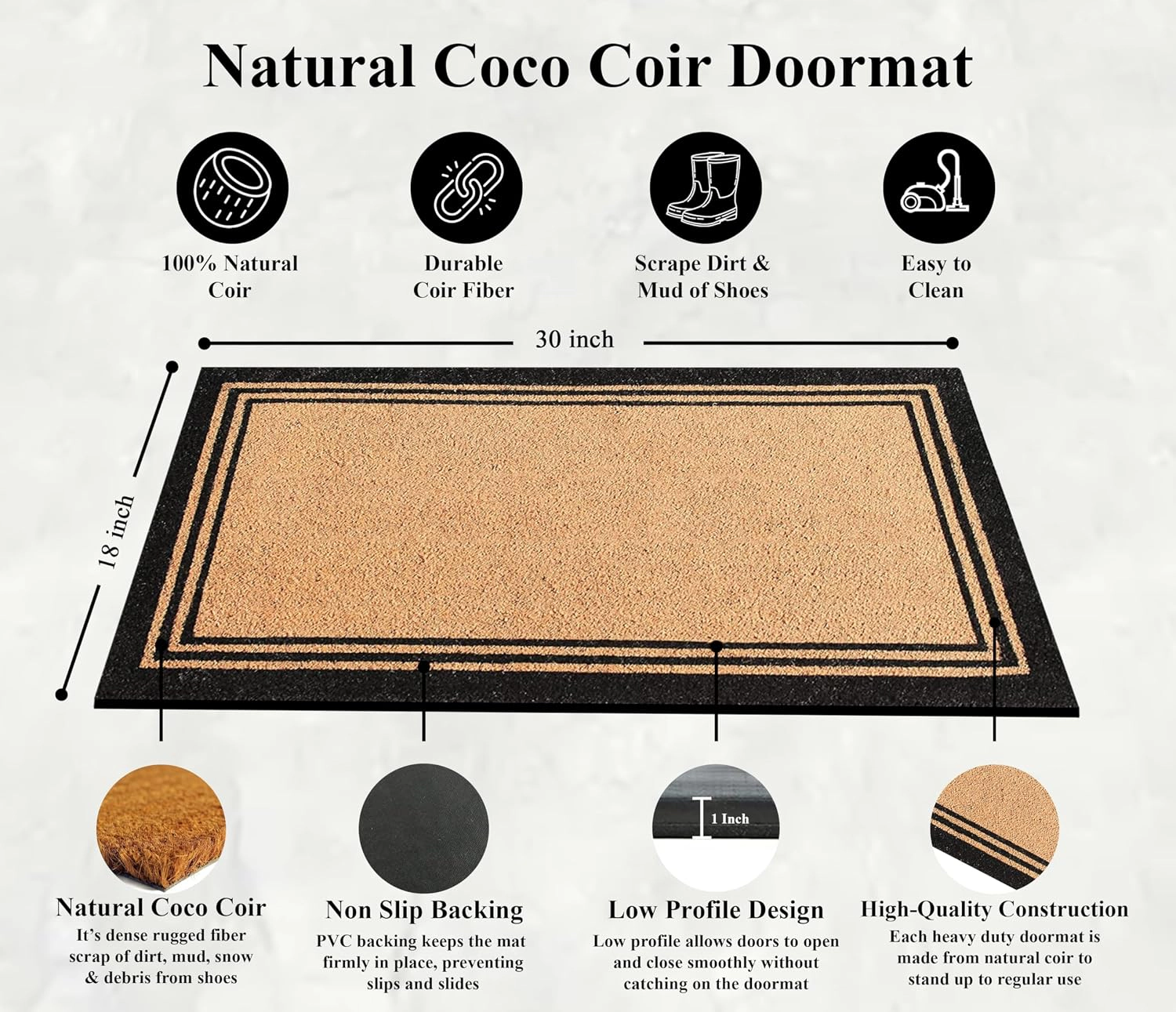 A1HC Coir Front Door Mat 30x18 Inches Anti-Shed Heavy Duty Non-Slip Black Border