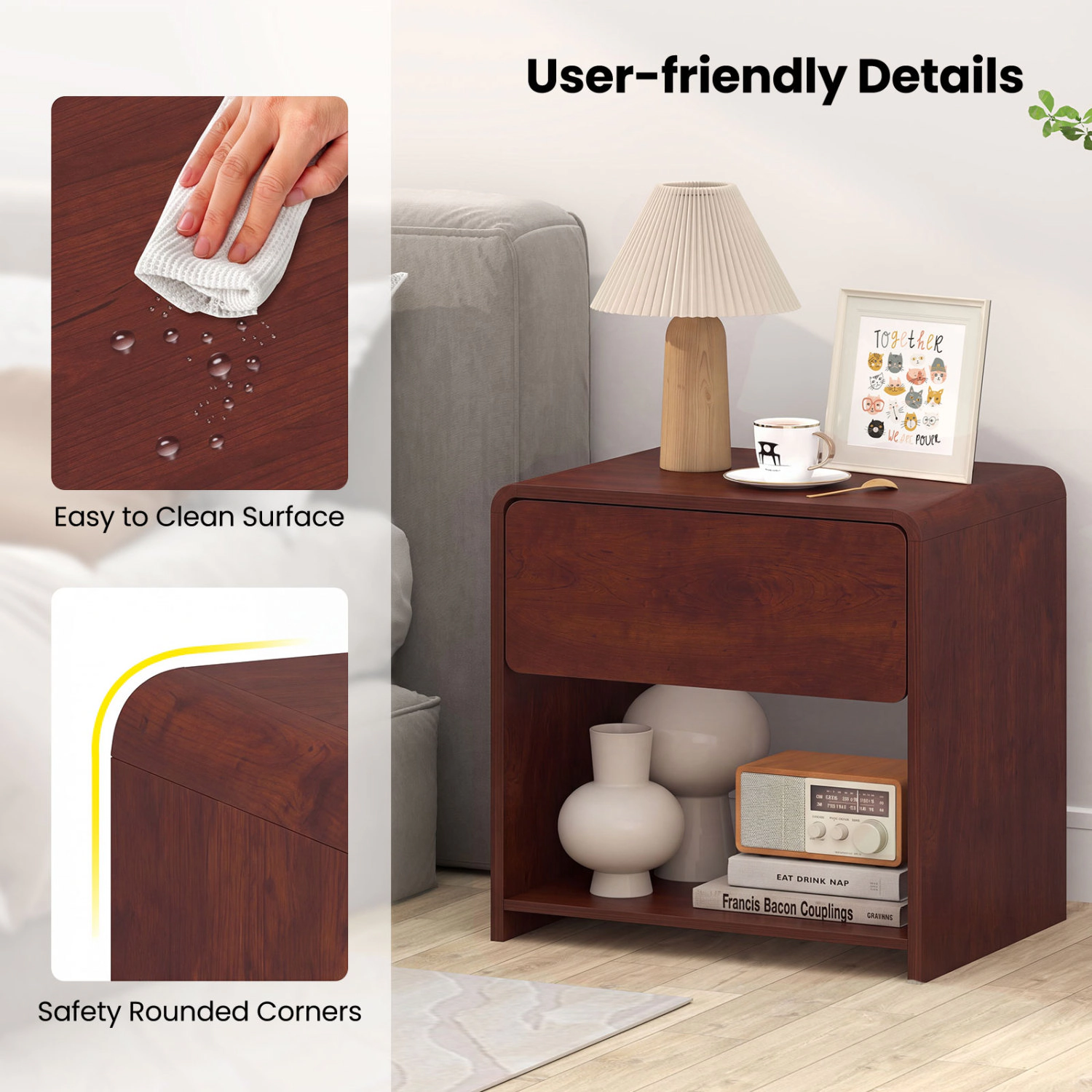 Glintex 2-Tier Nightstand with Concealed Handle Color-Block Front and Open Shelf, Oak
