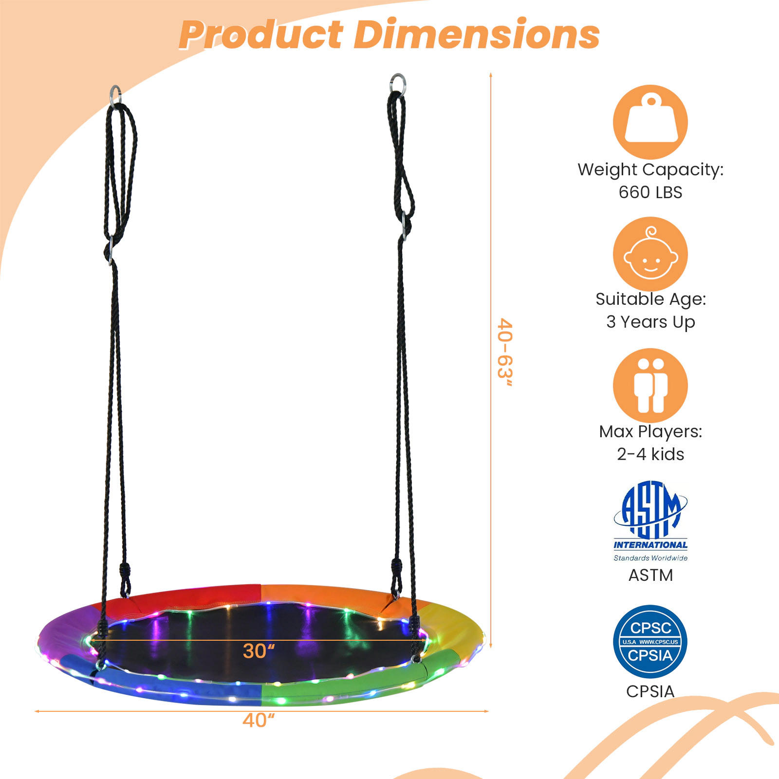 SUGIFT 40-in Round Saucer Tree Swing with LED Lights 660-lb Capacity Ages 3+ Multicolor Blue