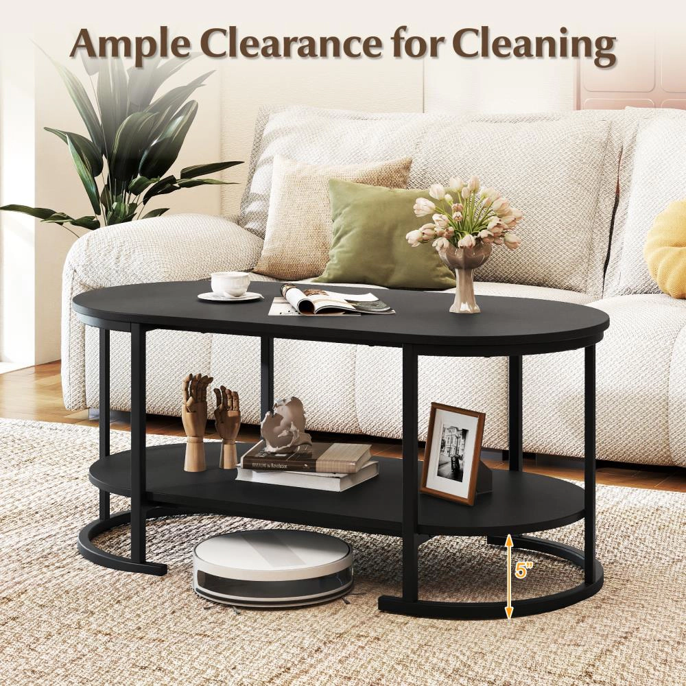 Hivvago Spacious Two-Layer Wooden Coffee Table with Oval Top and Storage Shelf