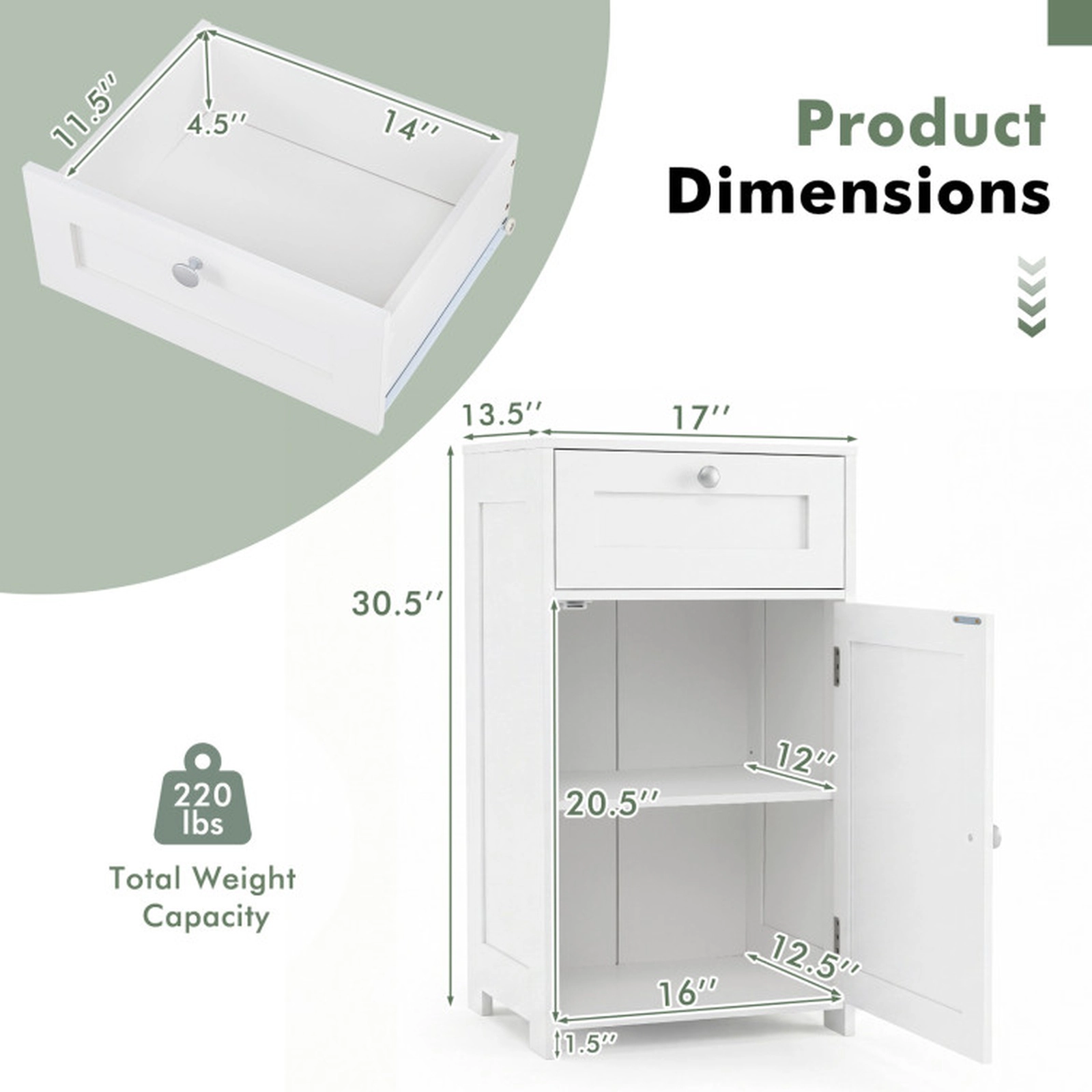 SUGIFT Single Door Drawer Adjustable Shelf Bathroom Storage Cabinet 17-in x 13.5-in x 30.5-in 220-lb Capacity White