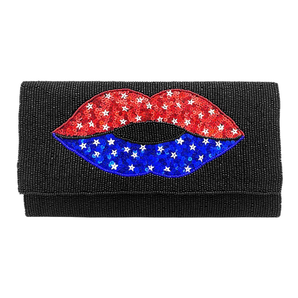 Fashnzfab American Usa Flag Lips Seed Beaded Clutch / Crossbody Bag