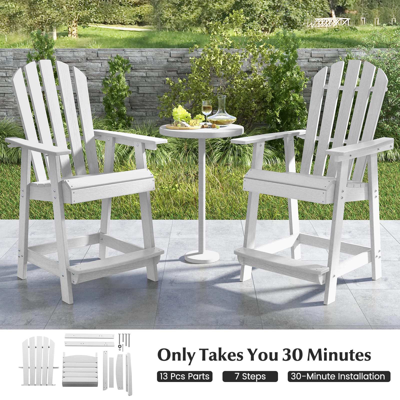 SUGIFT White Armrests and Footrest for Indoor Outdoor Use HDPE Patio Adirondack Chair