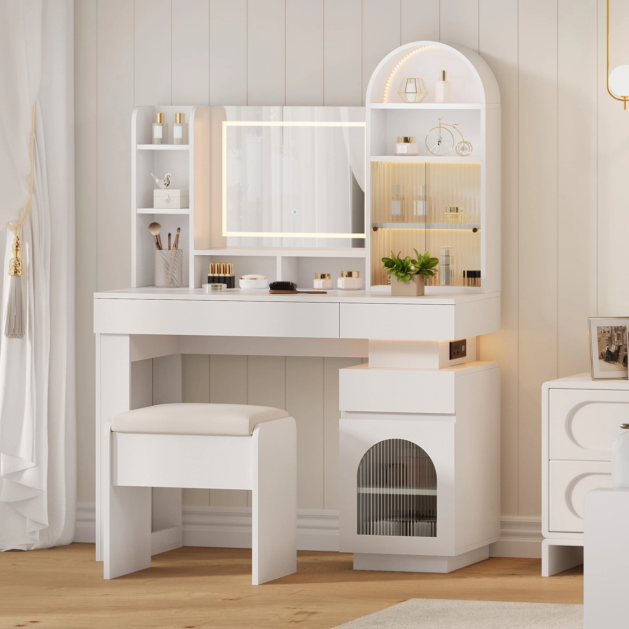 BebreezChic Vanity Desk with Lighted Mirror, Stool, 3 Drawers, 11 Shelves, Power Outlet & LED Lights, White