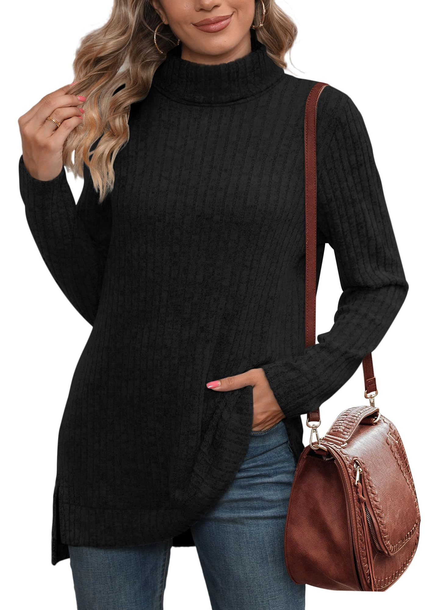 Enchanted Funland Womens Turtleneck Ribbed Knit Long Sleeve Side Slit Sweater Tops