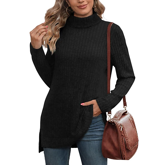 Enchanted Funland Womens Turtleneck Ribbed Knit Long Sleeve Side Slit Sweater Tops
