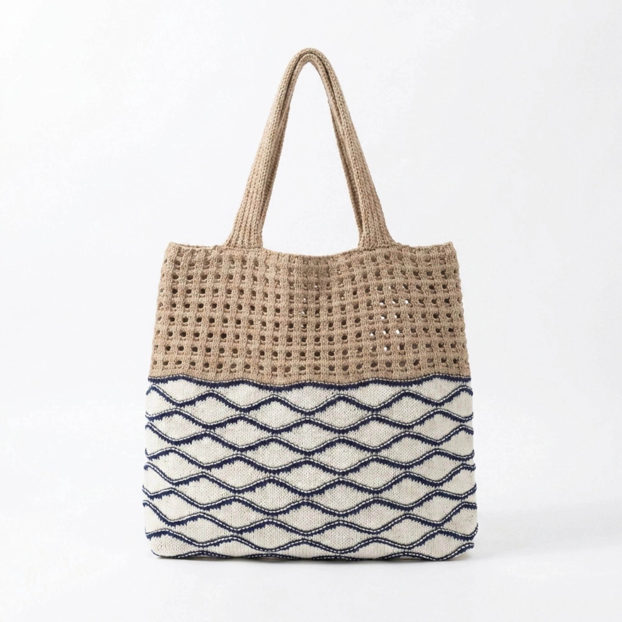 Alilang Women's Crochet Knit Tote Bag with Openwork Design and Wave Pattern, Yellow