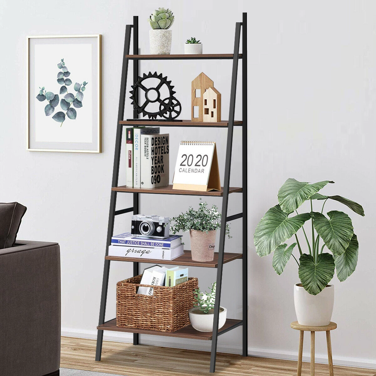 SUGIFT Brown 5-Tier Leaning Bookshelf 71 in Wood and Metal Trapezoidal Bookcase