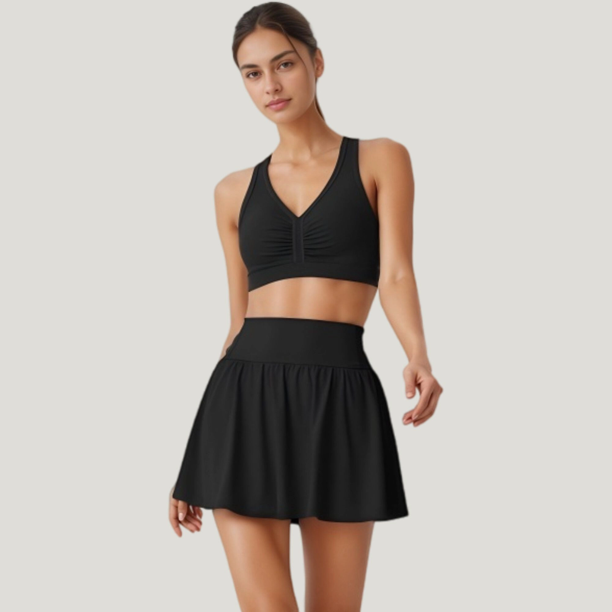 Anna-Kaci Women's Two-Piece Activewear Set with V-Neck Ruched Sports Bra and High Waist Flare Skirt