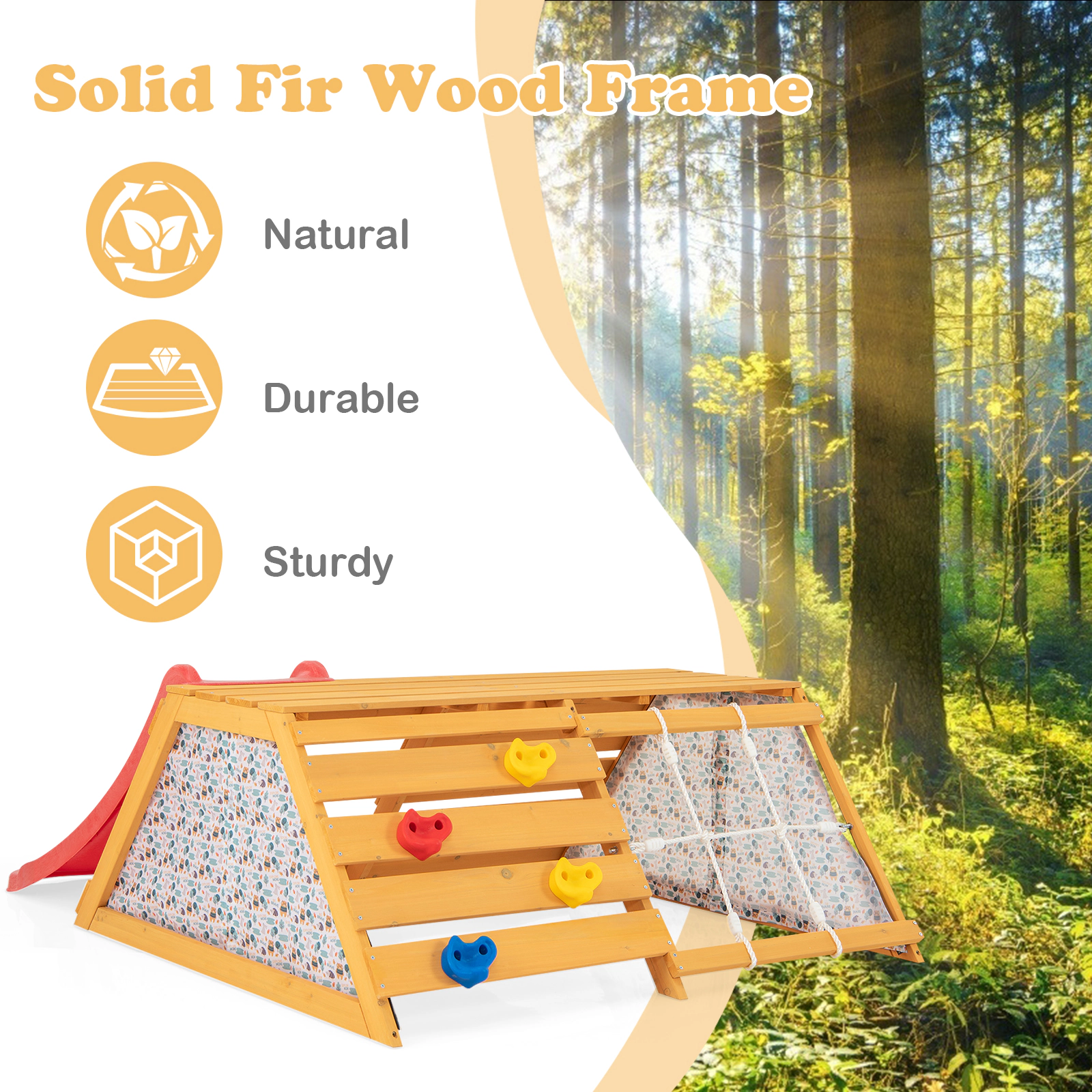 SUGIFT Natural Slide Rock Climbing Wall and Rope Climber 5-in-1 Kids Wooden Indoor Jungle Gym