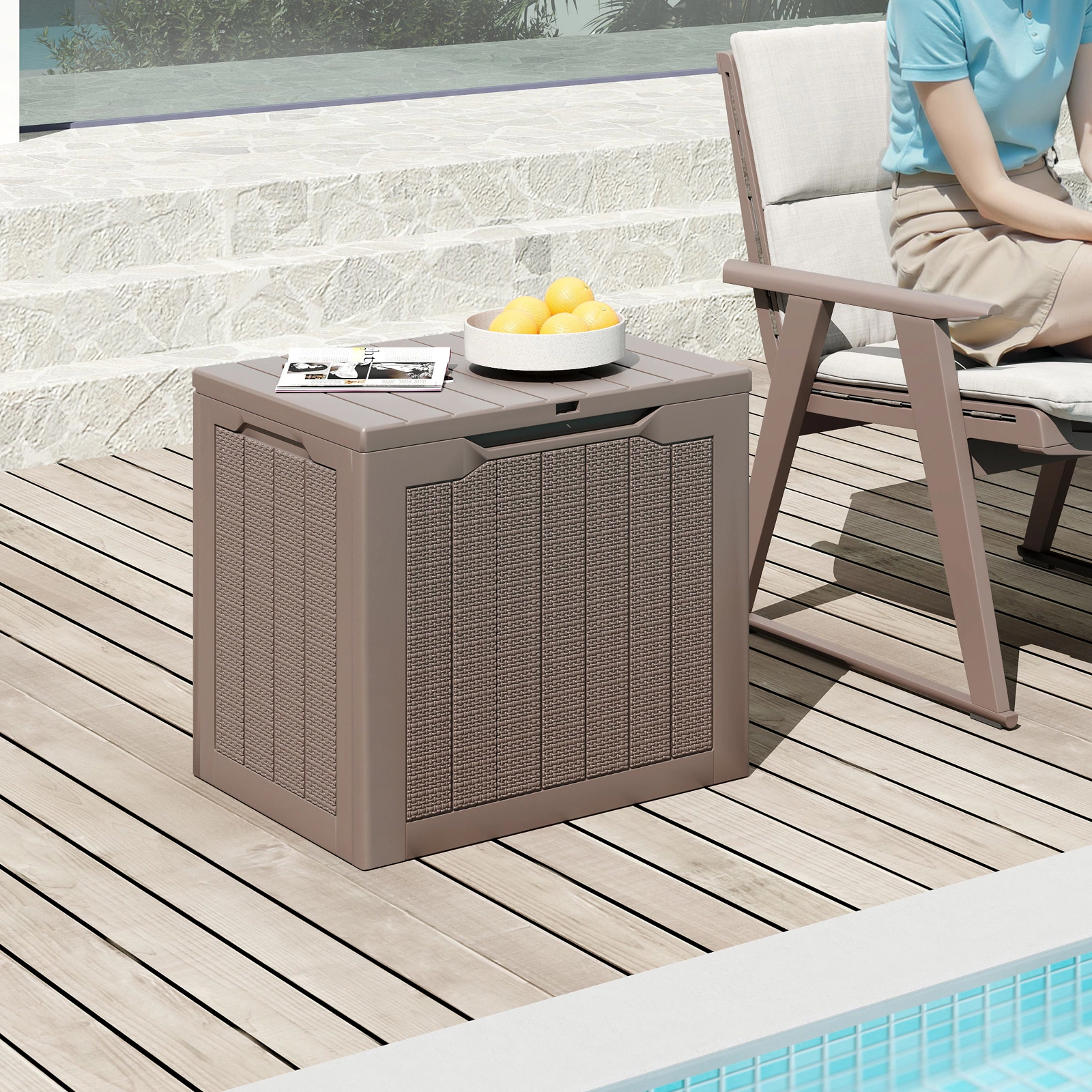 SUGIFT 25-Gal 330-lb Capacity Lockable Brown Wicker Small Deck Box Outdoor Storage Container with Lid