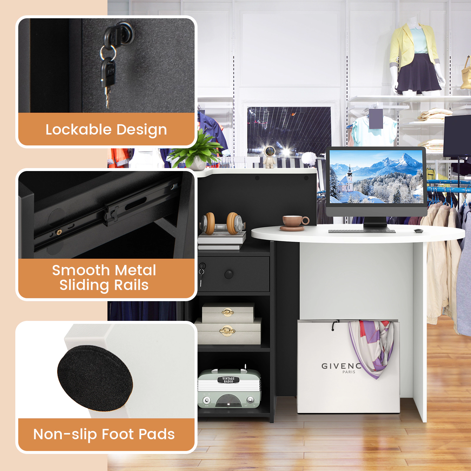 SUGIFT 48 in Reception Desk Black with Raised Counter Open Shelf and Lockable Drawer
