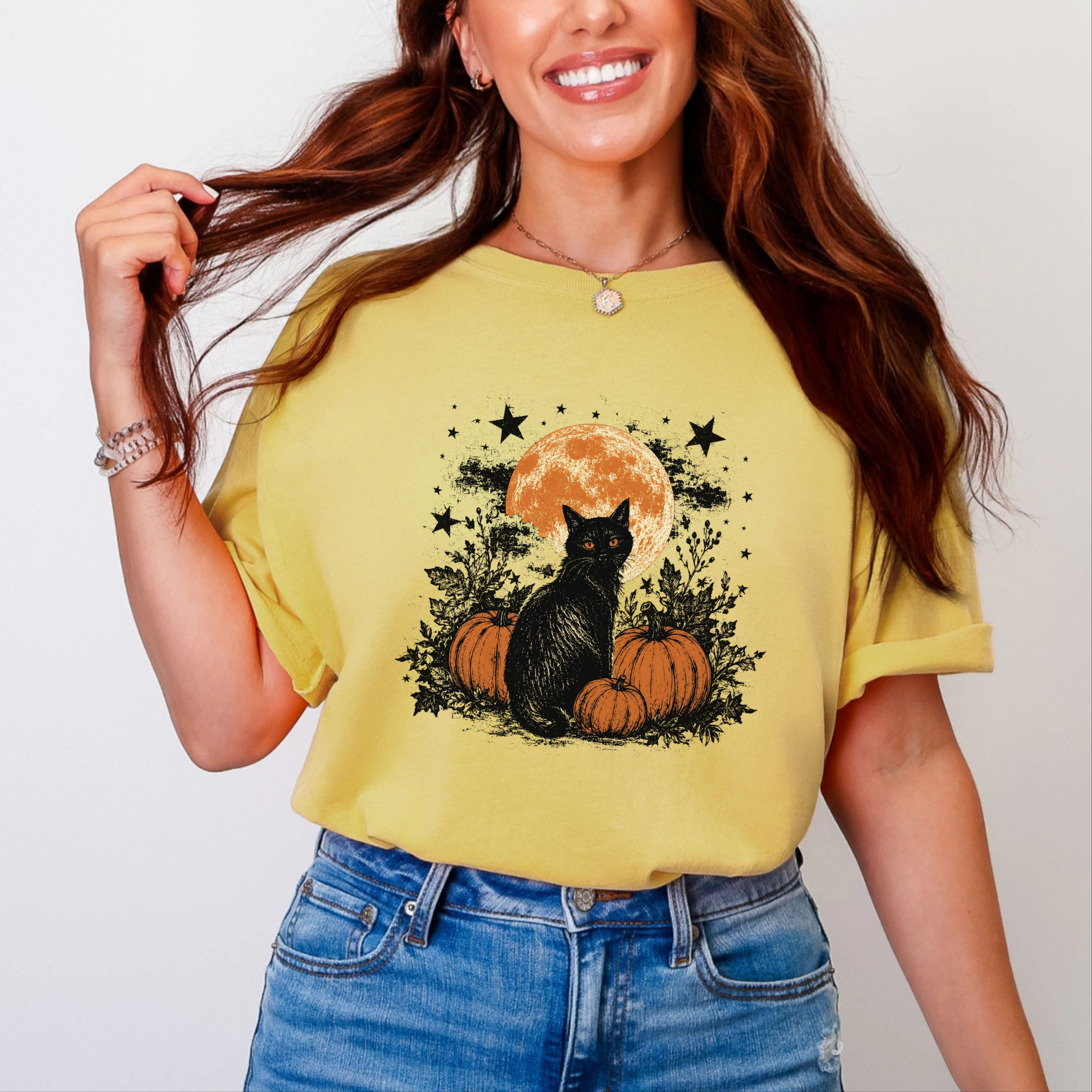 Simply Sage Market - Women's Garment Dyed Graphic T-Shirt Black Cat Pumpkins