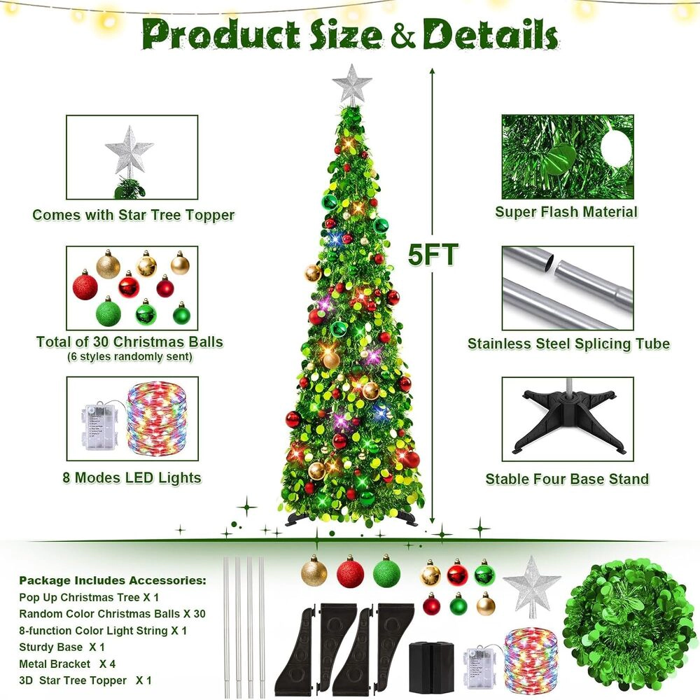 Novsight Trading Unisex Pop-Up Tinsel Christmas Tree with Lights 5 Ft