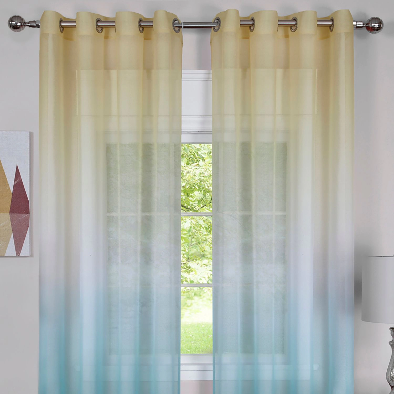 Kate Aurora 2 Piece Blue & Yellow Ombre Summery Sheer Grommet Top Curtain Panels - 84 in. Long