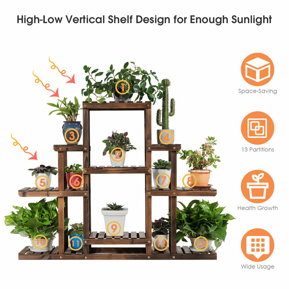 SUGIFT Brown 6-Tier 47-in Wood Plant Stand for 9 Pots Flower Display Rack and Ladder Storage Shelf