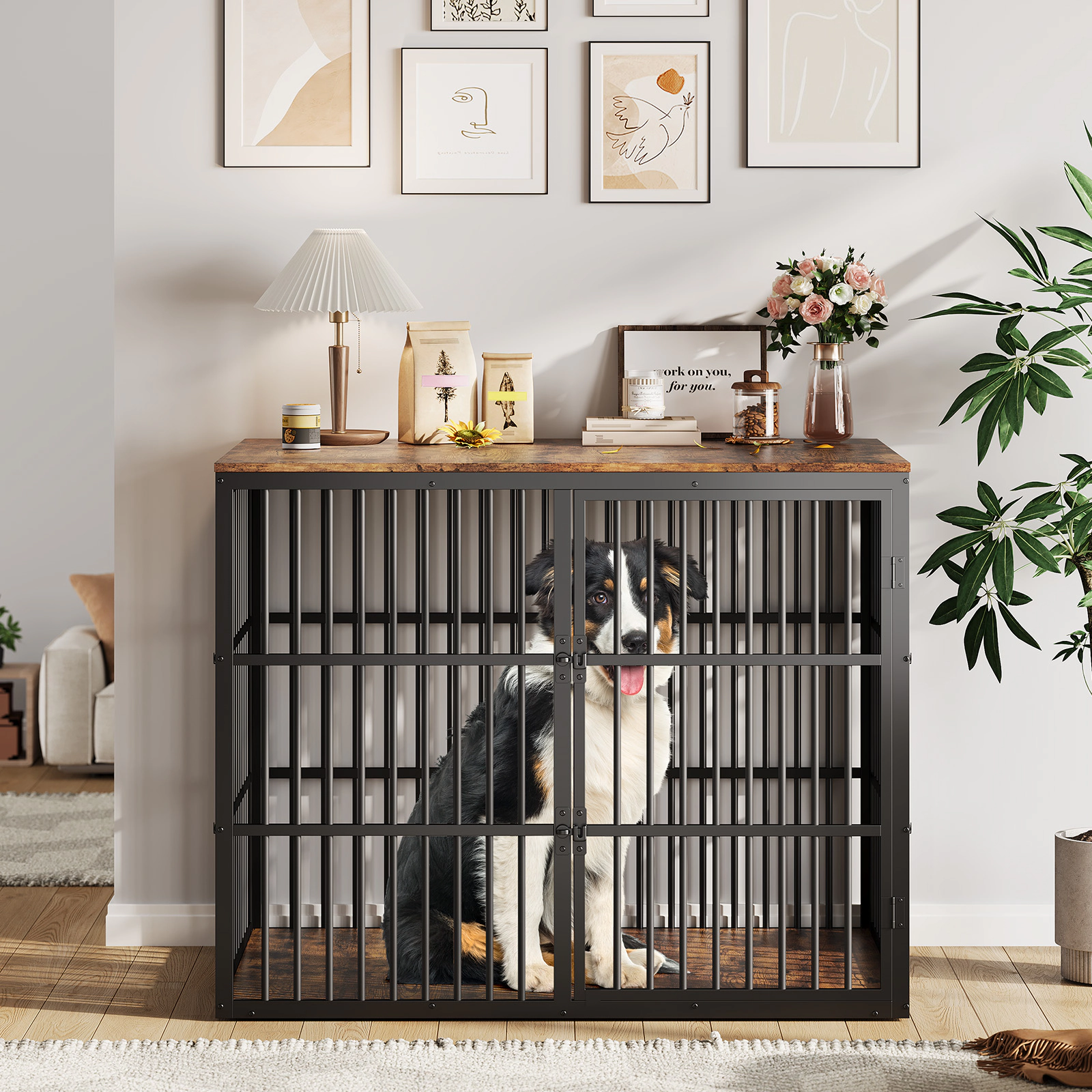 48" 3-in-1 Wooden Dog Crate Furniture with 3 Lockable Doors, Heavy Duty Metal Frame, End Table for Medium Dogs