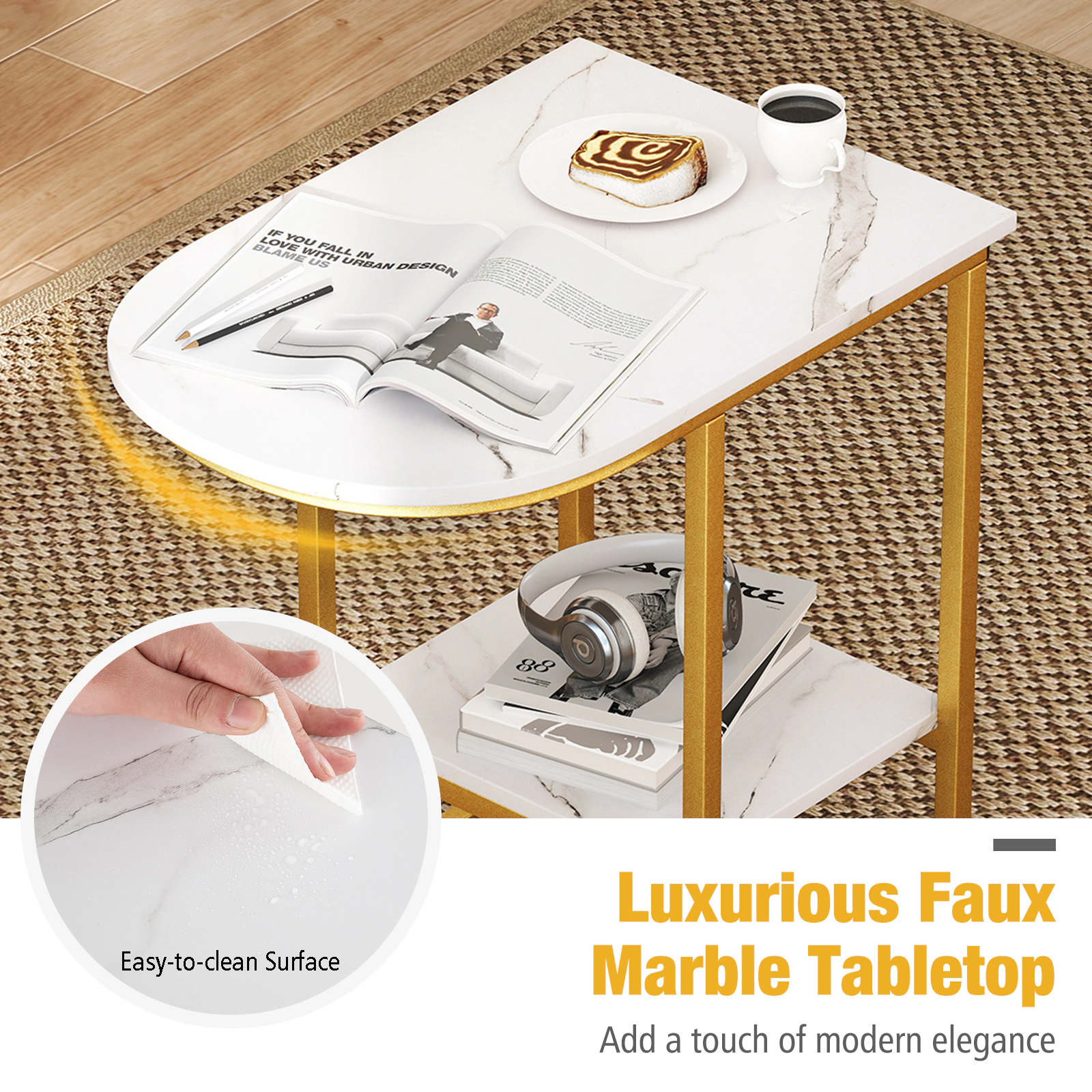 SUGIFT Faux Marble Top and Storage Shelf White C-Shaped Sofa Side Table