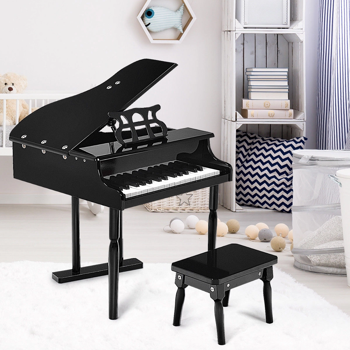 SUGIFT Black 30-Key 110-lb Bench Capacity Kids Mini Grand Piano with Birch Legs and Safety Hinge Cover