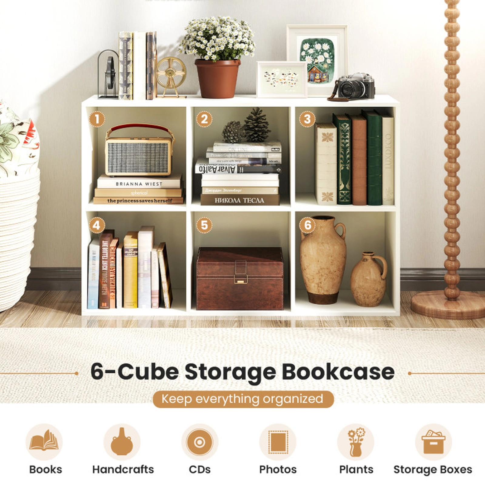 SUGIFT Modern 6-Cube Engineered Wood Bookcase 36-in Wide 132-lb Top Capacity 22-lb Cube Capacity Anti-tipping Kits White